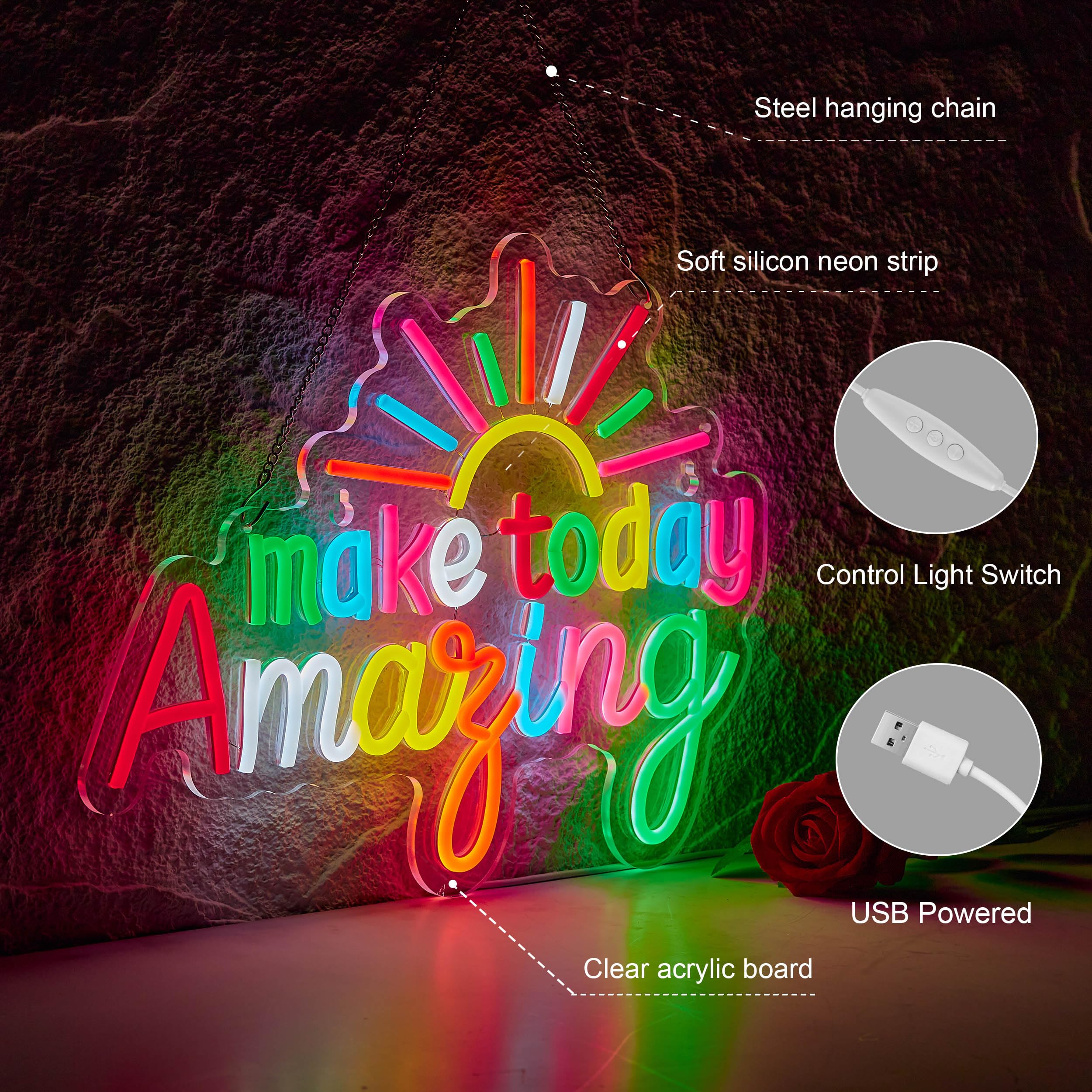 Make Today Niesamowity neonowy znak do klasy, dekoracja ścienna, możliwość ściemniania, cytat pozytywny i górny, lampka neonowa, zasilana przez USB, tęczowy kolor, podświetlany znak na ślub, do