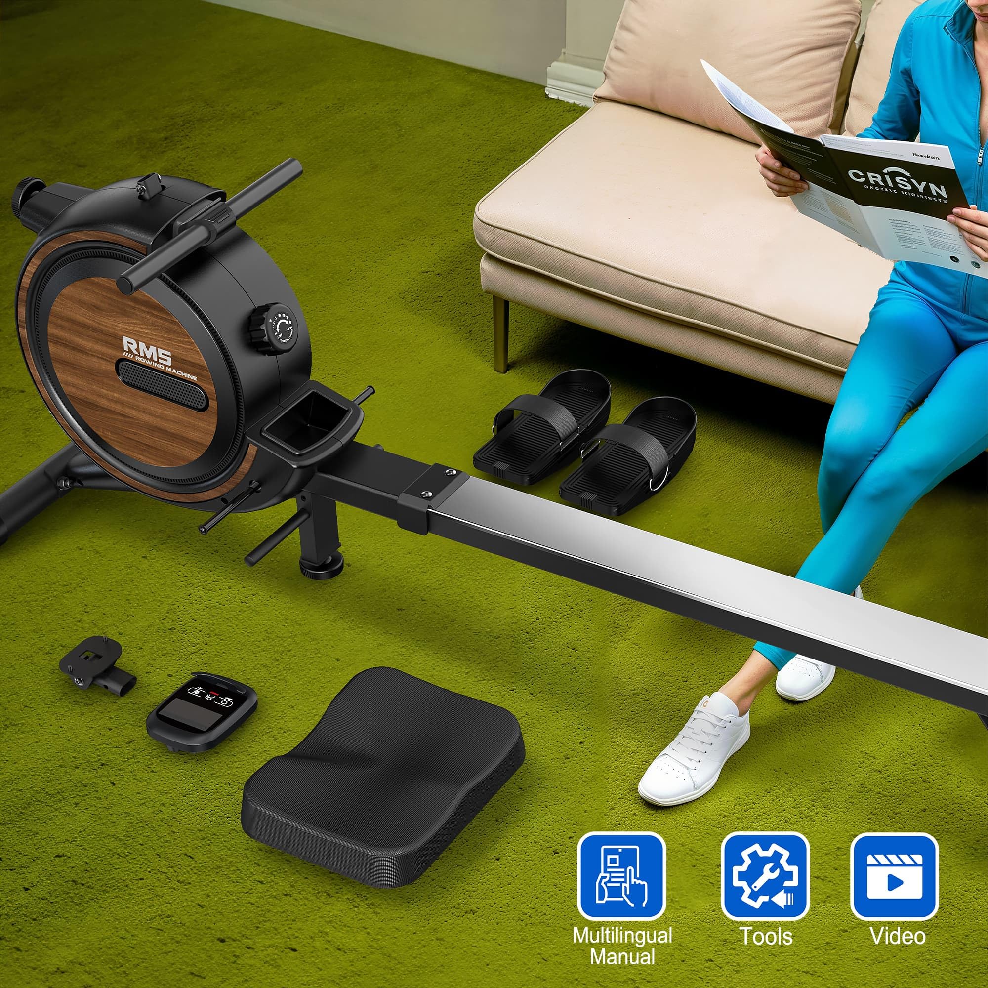 Vogatore per casa con resistenza magnetica regolabile, vogatori con computer di bordo Bluetooth, portata 170 kg