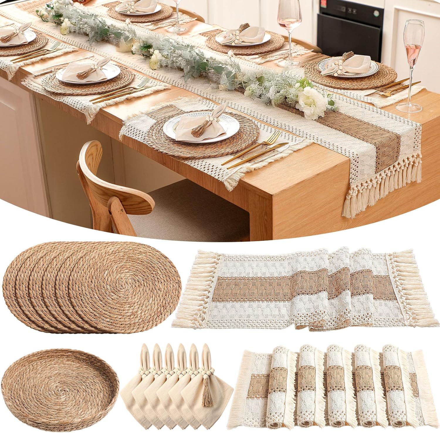6 Sets Boho Kitchen Decoration Placemats Round Woven Placemats, Cloth Napkins, Wood Bead Napkin Rings, Long Table Runner and Farmhouse Burlap Cotton for Table (Khaki,Classic)