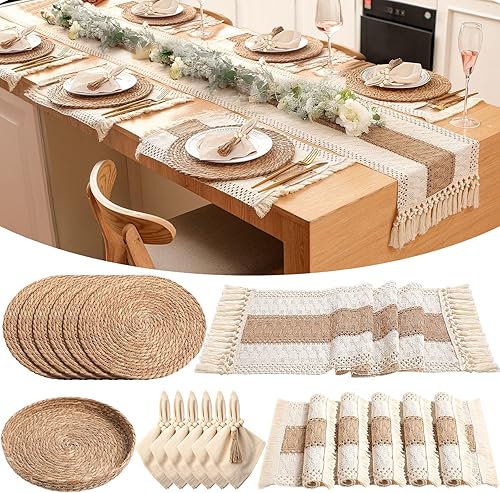 6 juegos de manteles individuales bohemios redondos tejidos, bohemios rectangulares, servilleteros de cuentas de madera, servilletas de tela, camino