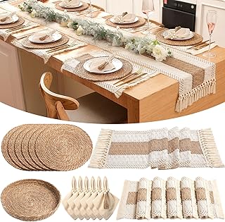 6 Sets Boho Placemats: Round Woven, Rectangular Boho, Wooden Bead Napkin...