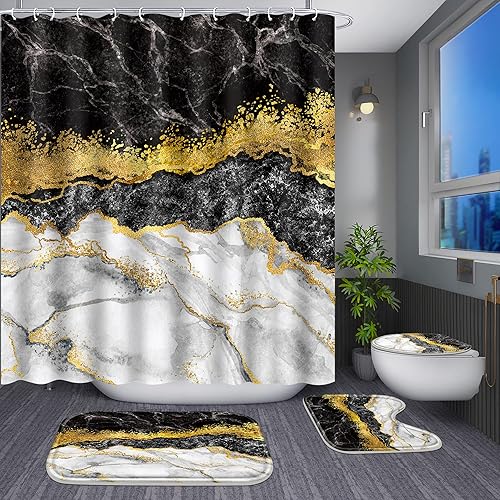 Miniatura 5 de Poedist Juego de 4 cortinas de ducha de baño con borde negro y dorado, juego de baño con cortina de ducha y alfombras (tapete de baño, forma de U y