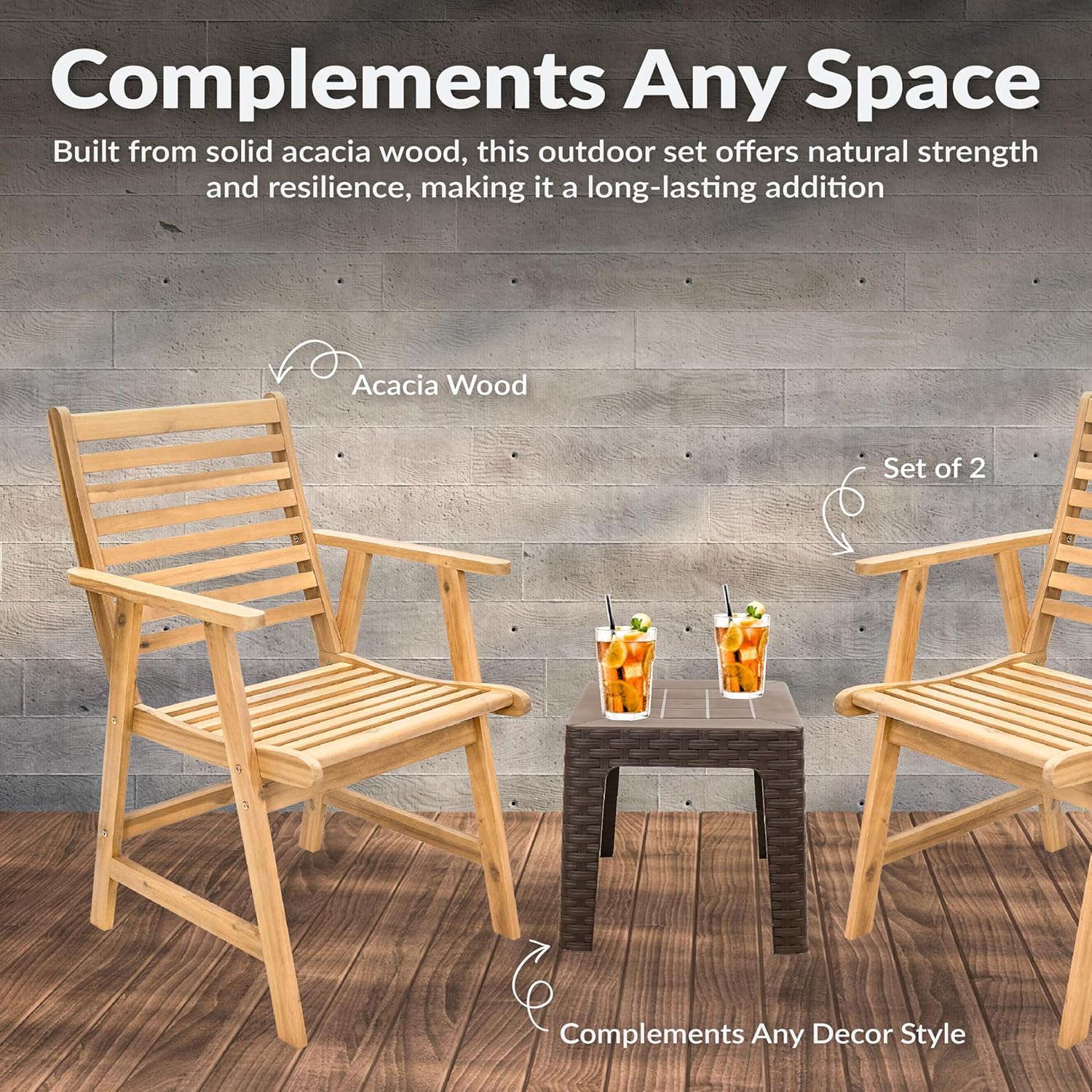 Sunnydaze Outdoor Patio Chairs Set of 2 - Hatteras Outdoor Dining Chairs for Patio - Acacia Wood Furniture Balcony Set for 2 - Natural Wood