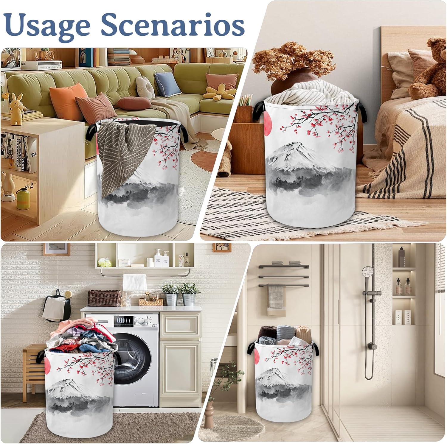 Japanese Mountain Sun Laundry Basket,Foldable Oxford Cloth Cherry Blossoms Laundry Hamper with Handles, 20.8"x16" Tote Bag Clothes Storage Bucket for Laundry Room/Bathroom/Bedroom/Dormitories