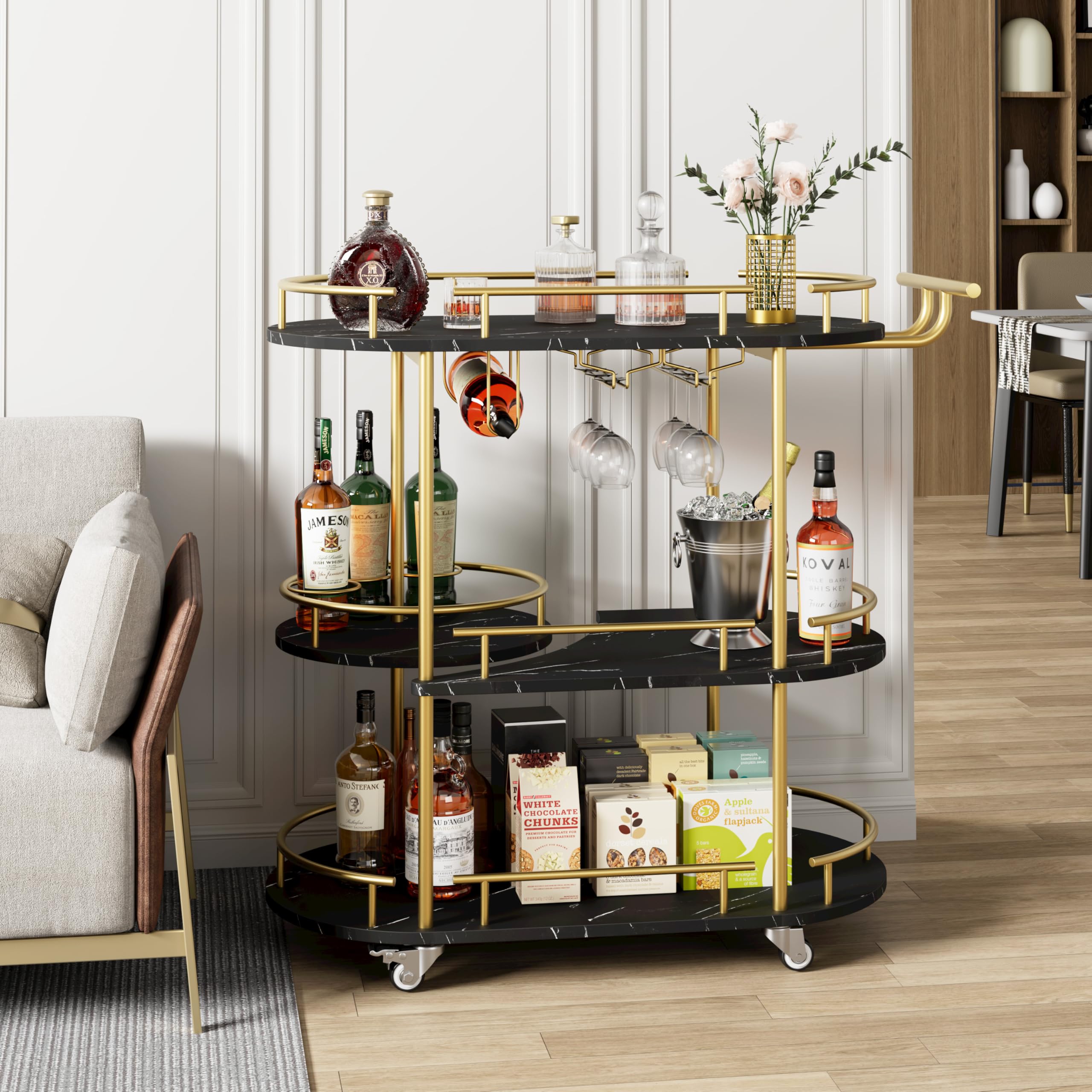 GarveeHome 3-Tier Bar Cart on Wheels, Mobile Serving Cart with Wine Rack and Glass Holder, Metal Kitchen Utility Cart for Coffee Station, Mini Home