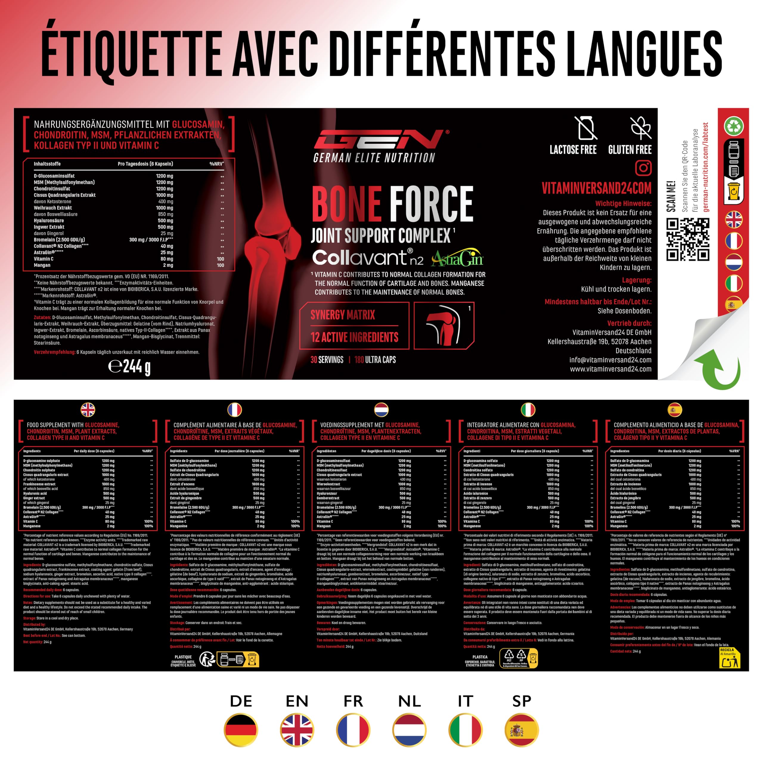 Bone Force - Complexe Articulaire Premium avec Collavant® N2 (Collagène de Type II), AstraGin®, Glucosamine, MSM, Chondroïtine, Cissus & Acide Hyaluronique - 180 Gélules Ultra