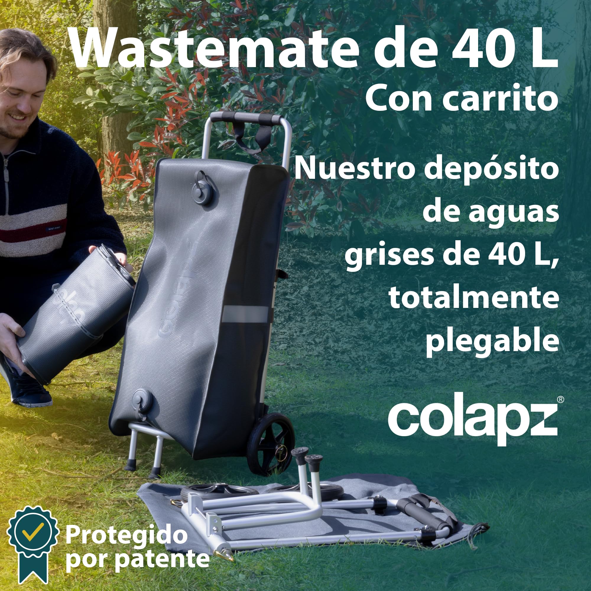 Colapz Wastemate Gris Portador de Aguas Residuales con Carro 40L - Contenedor de Agua Ahorrador de Espacio para Caravanas y Autocaravanas - Compatible con Flexipipes