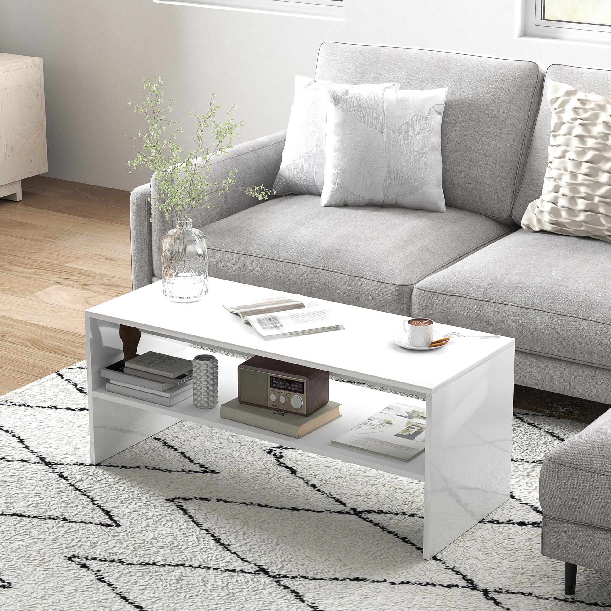 HOMCOM Mesa de Centro Mueble Auxiliar con Compartimento Abierto Mesa de Café para Salón Comedor 100x40x41,5 cm Blanco Brillante