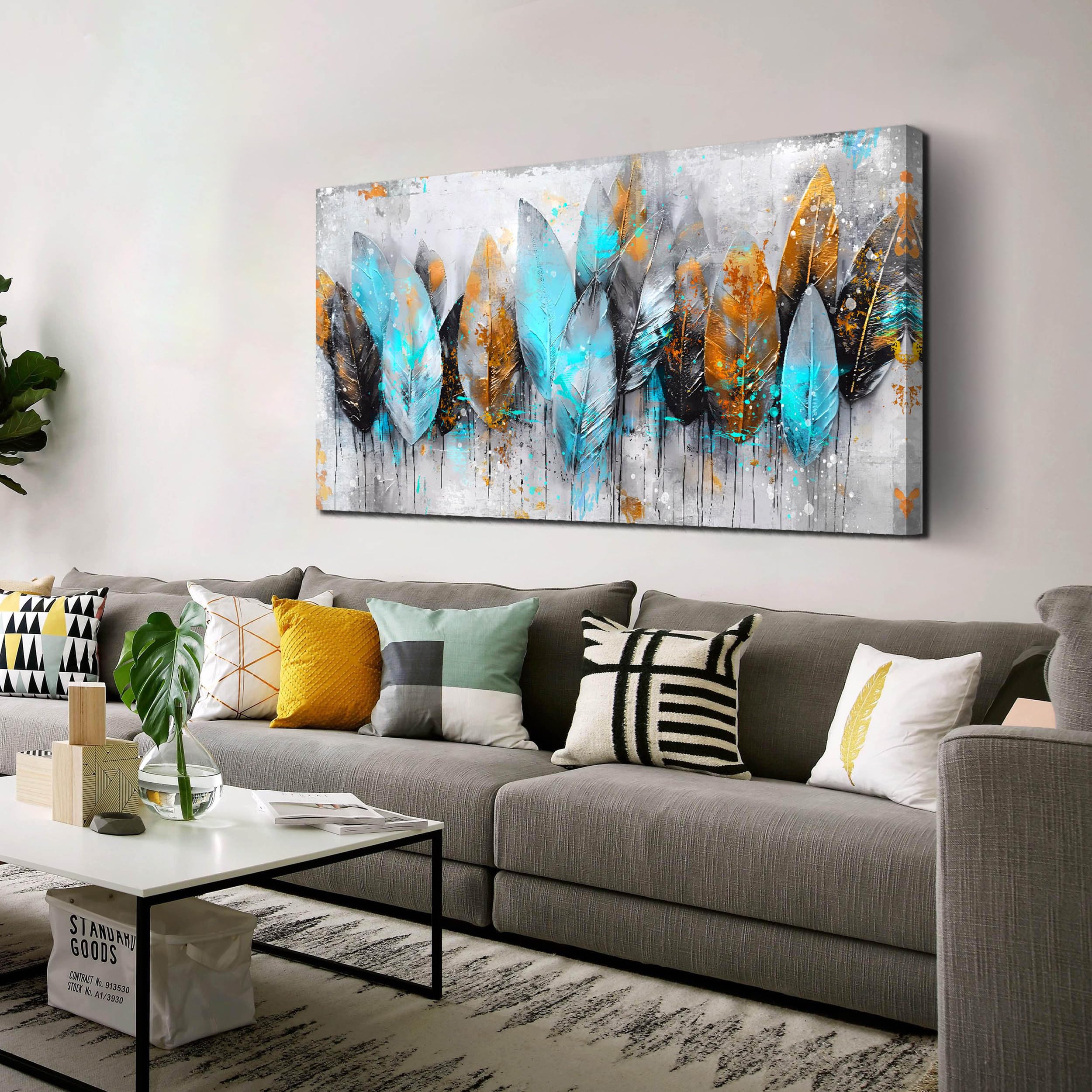 Amazon.com: LAOTOART Leaf Canvas Wall Art - Modern Blue and Gray Living Room Wall Art - Abstract ...