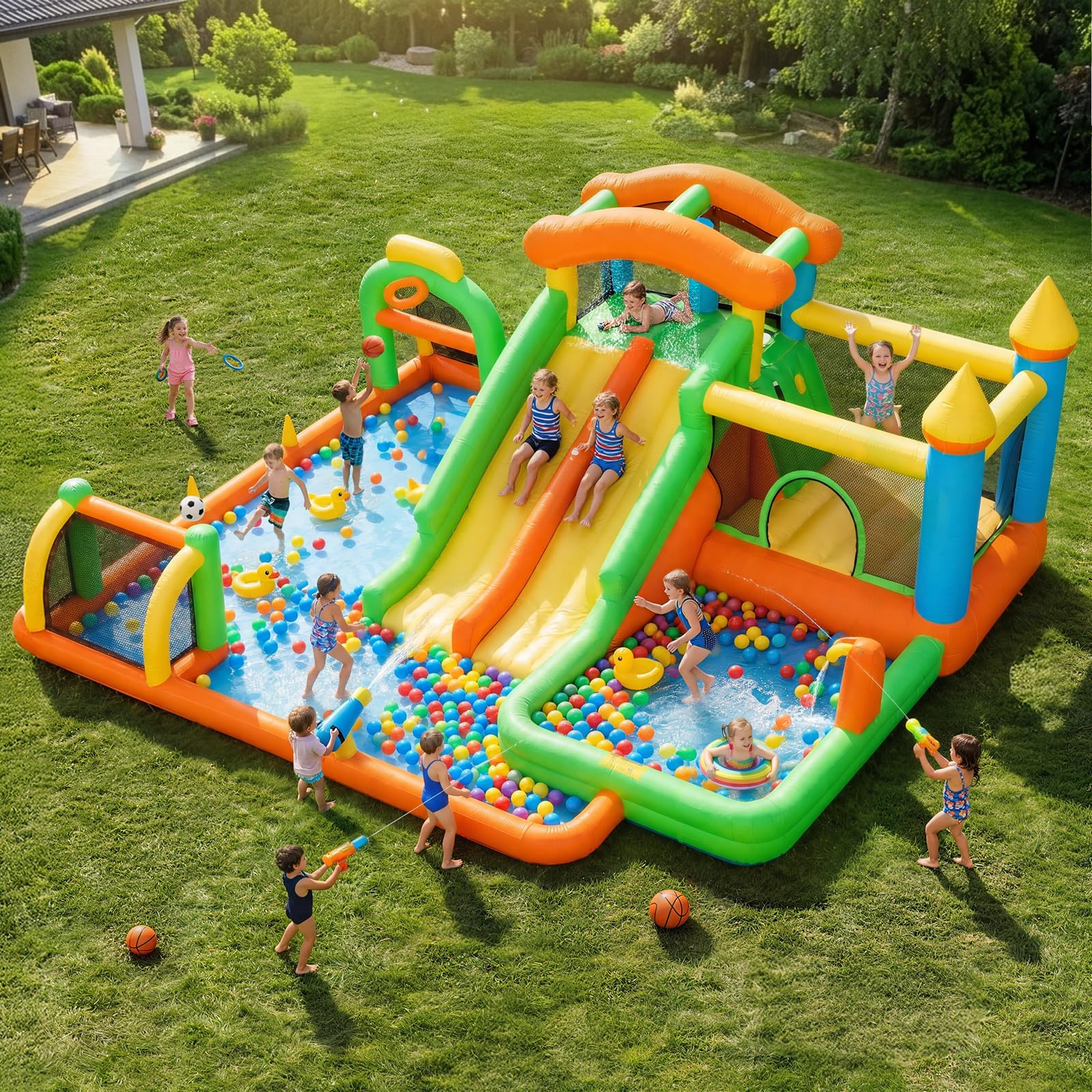 FOOING Gran tobogán acuático inflable con 2 toboganes y piscina infantil para niños, castillo hinchable con dos pistas para fiestas en el jardín y en el patio, diversión de verano al aire libre