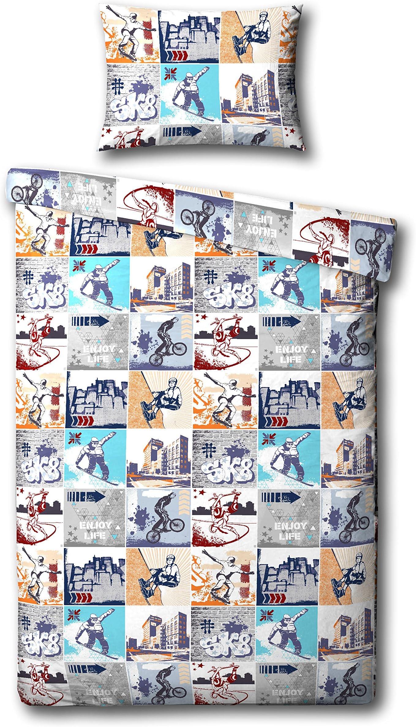 Adrenaline Junkie Single Duvet Cover and Matching Pillowcase Set - 135cm x 200cm (BMX, SNOWBOARDING, SKATEBOARDING, SKATING)