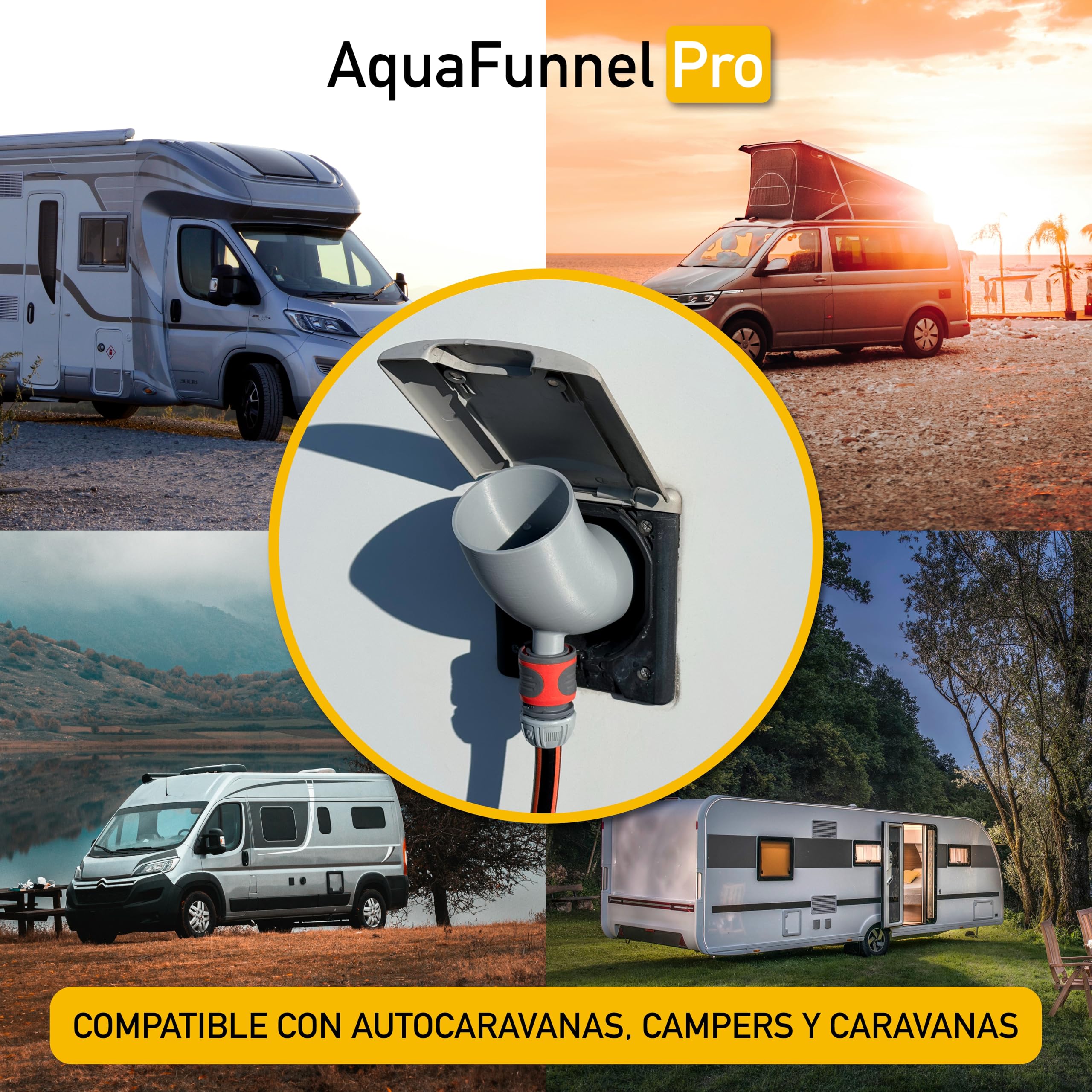 AquaFunnel Pro – Embudo para depósito de agua limpia de autocaravanas y campers, compatible con tapones estándar europeos, llenado con botellas y manguera. (78 mm - 3 pins)