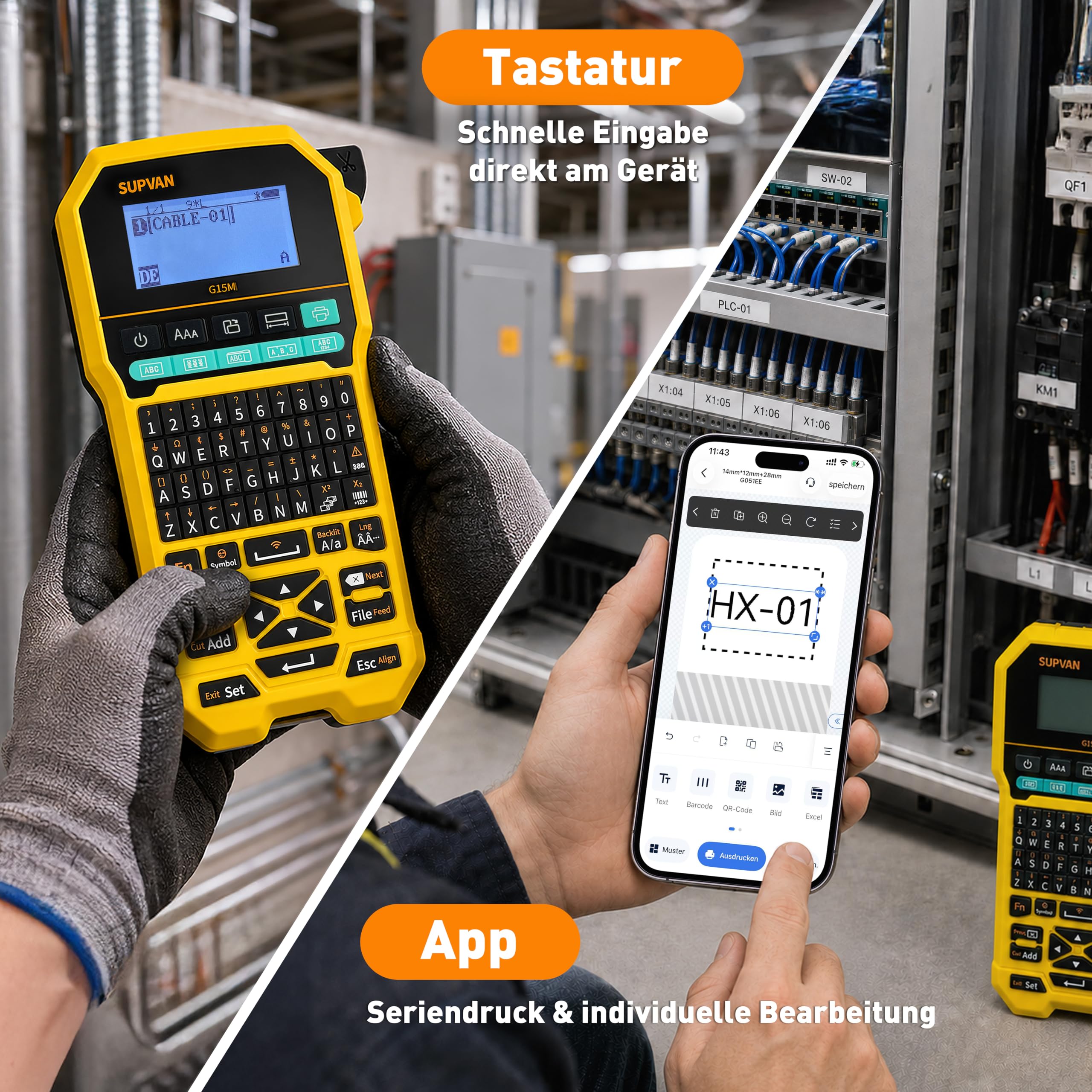 SUPVAN G15M Beschriftungsgerät mit 4 Rollen, für Kabel und Geräte | Thermotransferdruck, Schrumpfschläuche und Endlosetiketten, Bluetooth Verbindung, App und Tastatur, 5 mm Rand, aufladbar