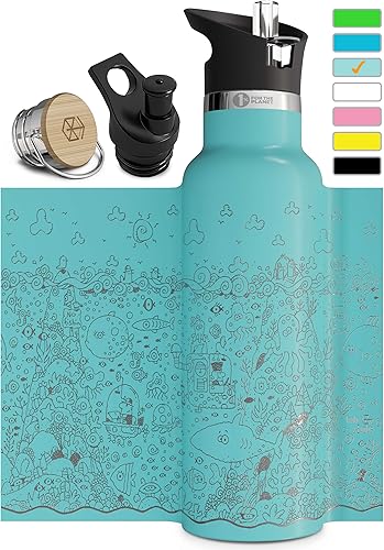 Miniatura 2 de Involve & Evolve Botella de agua aislada con 3 tapas (tapa con pajilla) para niños, reutilizable, de doble pared, de acero inoxidable, termo de