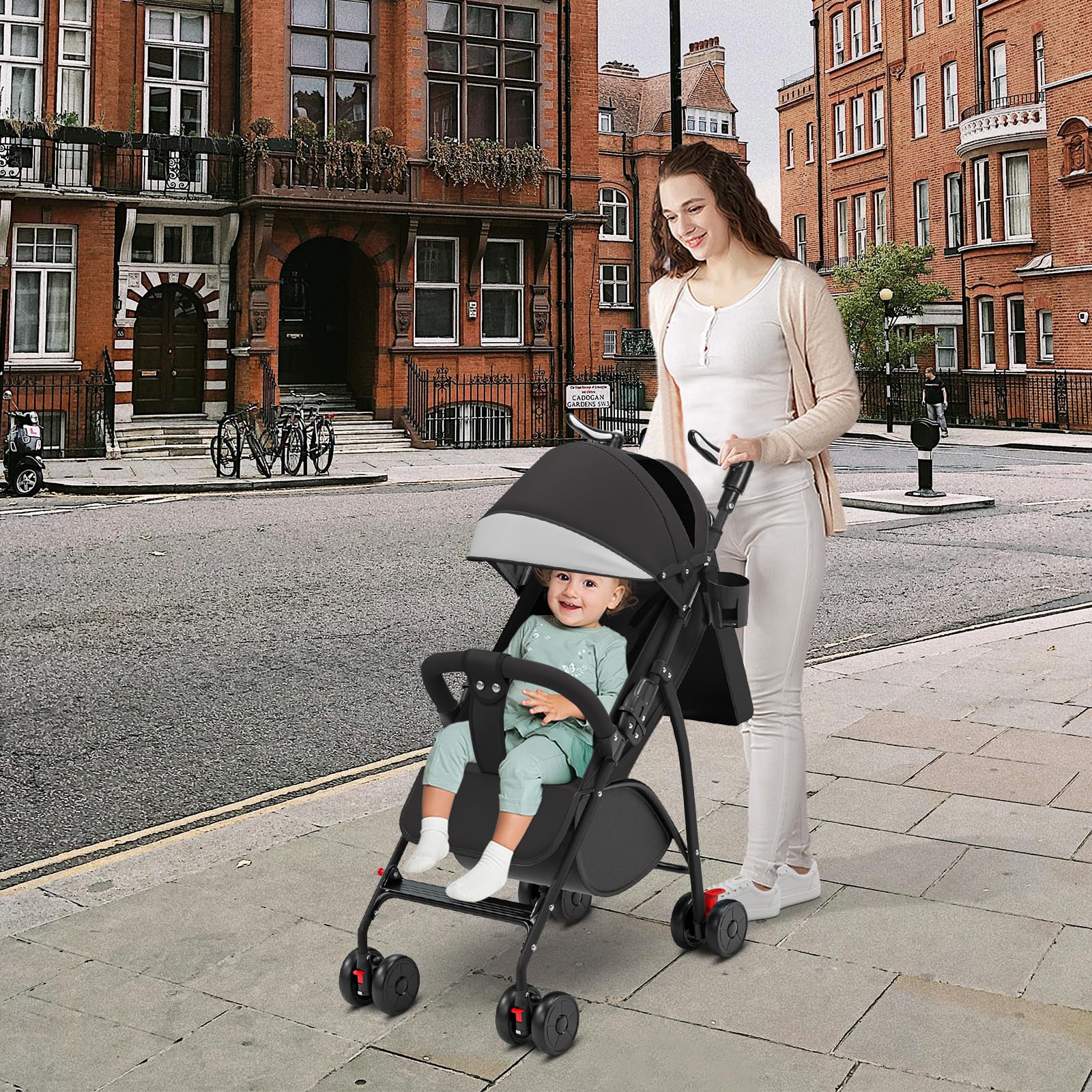 Buggy Kinderbuggy, klappbar 360° Liegebuggy, Sportwagen Faltbar,Kinderwagen,Eva-Schaum-Räder, Moskitonetz,max.25 kg,Reisebuggy mit Liegefunktion,Extra Großer Korb (Schwarz)