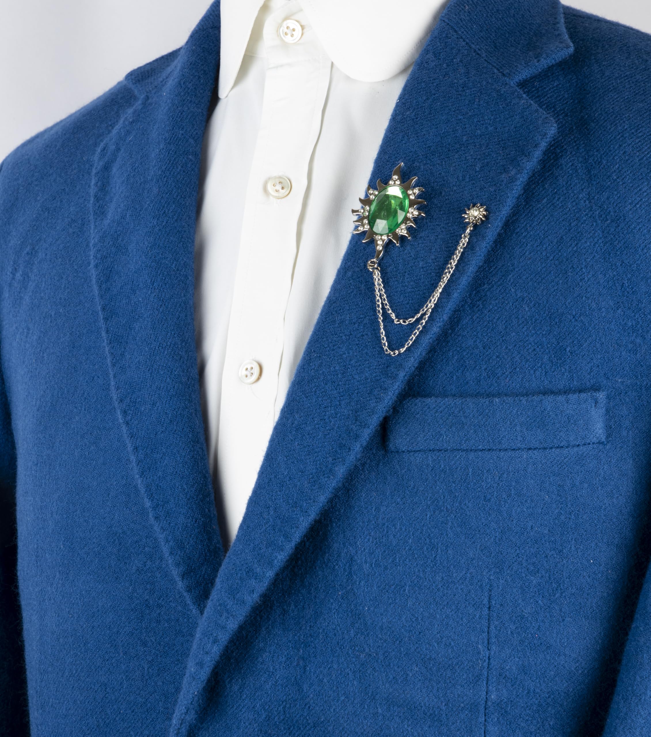 Knighthood Silver Studded Sun Brooch with Green Stone and Hanging Chains Lapel Pin for Men - Elegant Suit Accessory - Image 2
