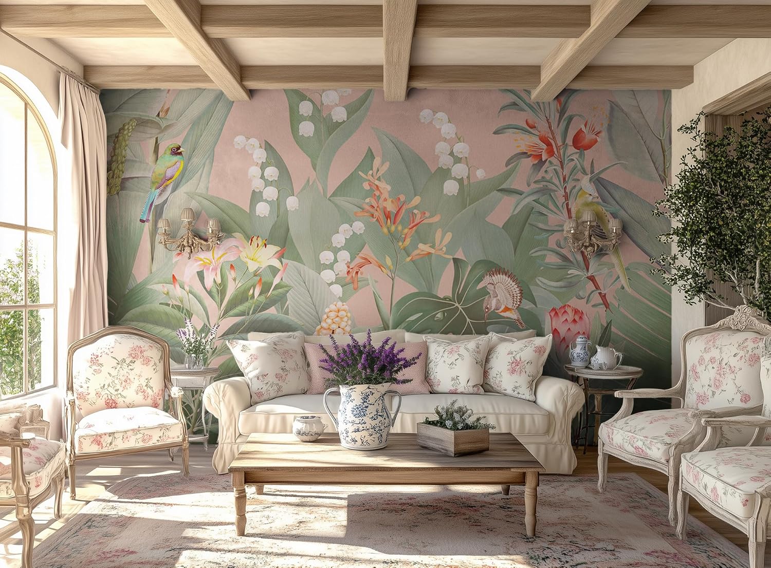 Vibrant Tropical Wall Mural - Lush Green Leaves, Colorful Flowers & Exotic Birds - Botanical Jungle Theme Peel and Stick Wallpaper Mural