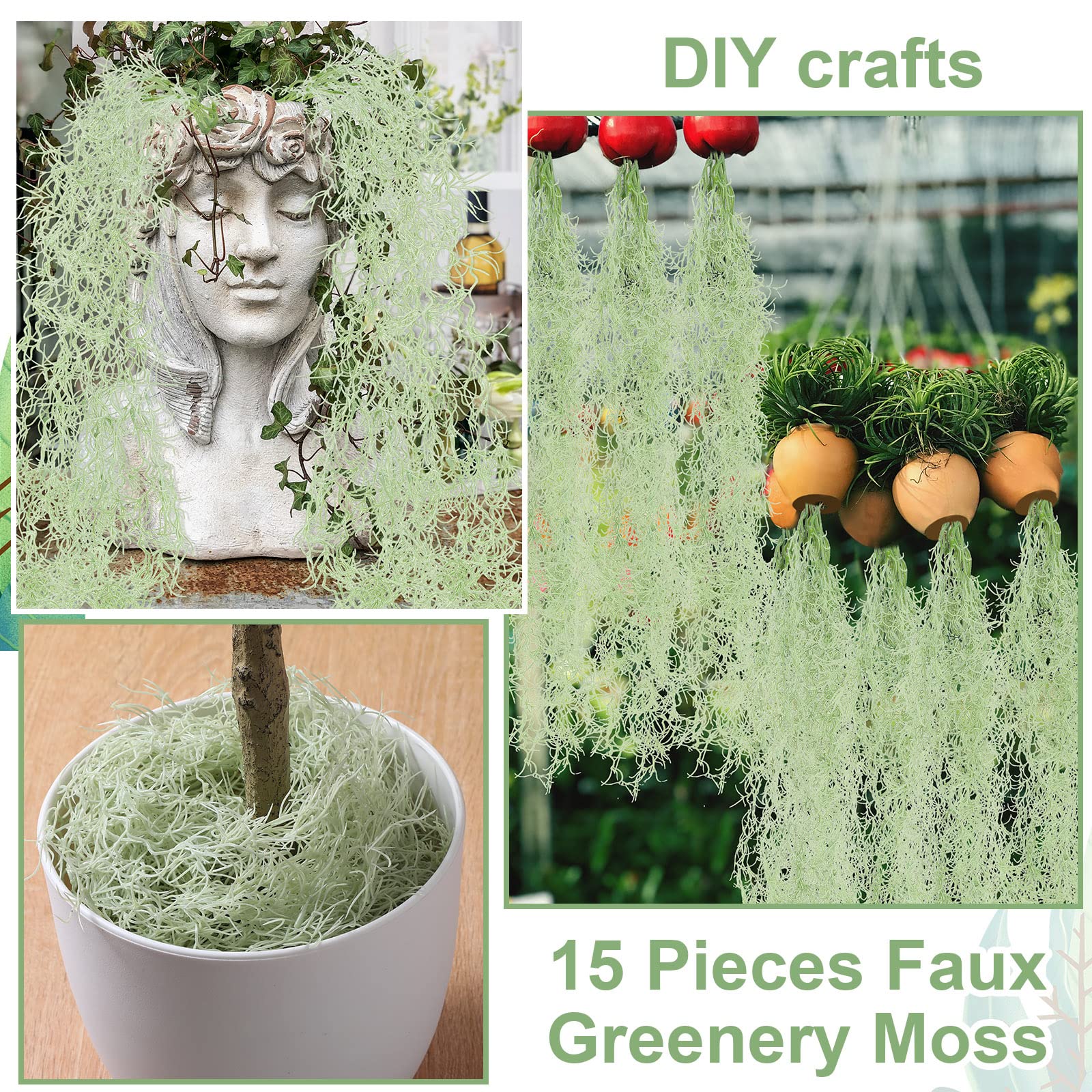 15 pezzi di muschio finto verde realistico muschio spagnolo muschio finto per piante in vaso appeso muschio ghirlanda per esterni interni artigianato decorazione (verde chiaro, 73 pollici)