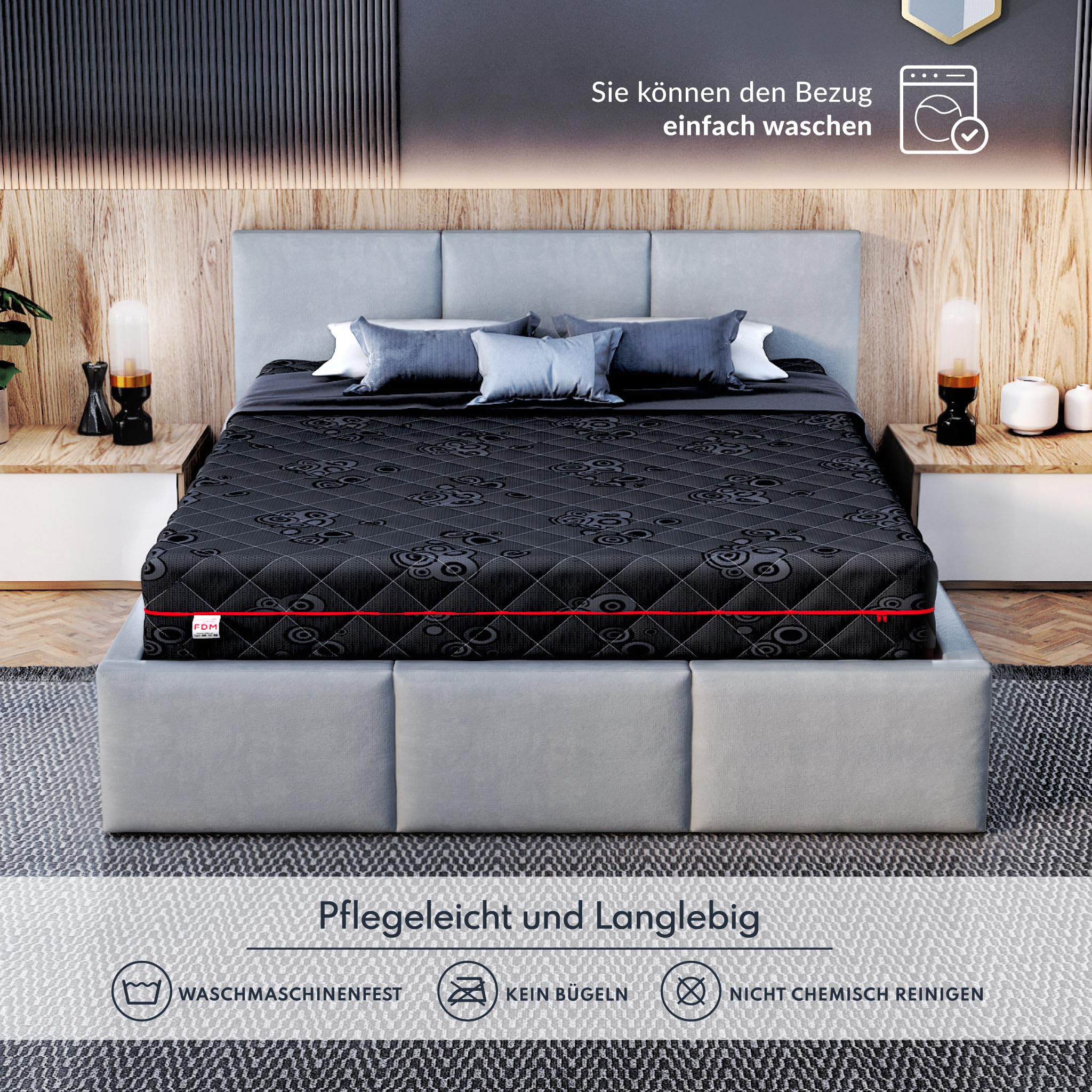 FDM Black MAX Materac 180 x 200 cm, z zimnej pianki, rdzeń ze sprężyn kieszeniowych, wysokość 28 cm, stopień twardości H3, lateks, pianka kokosowa, pianka Visco, Öko-Tex, nadaje się dla alergików,