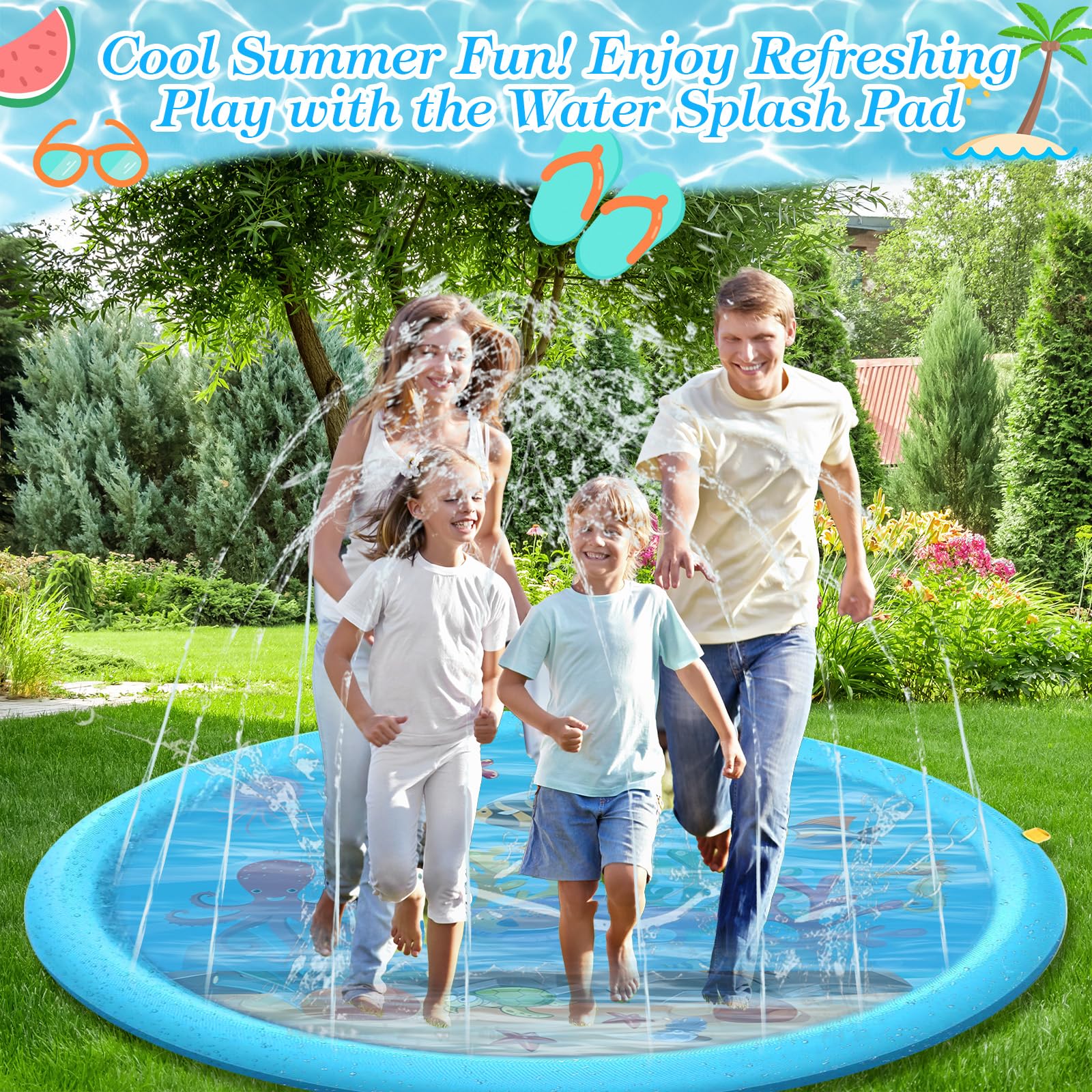 Tappetino Gioco d'Acqua, 170CM Splash Pad per Bambini Cani, Antiscivolo Tappetino Gioco Acqua, Tappetino Spruzzi d’Acqua per Giardino Estate Outdoor