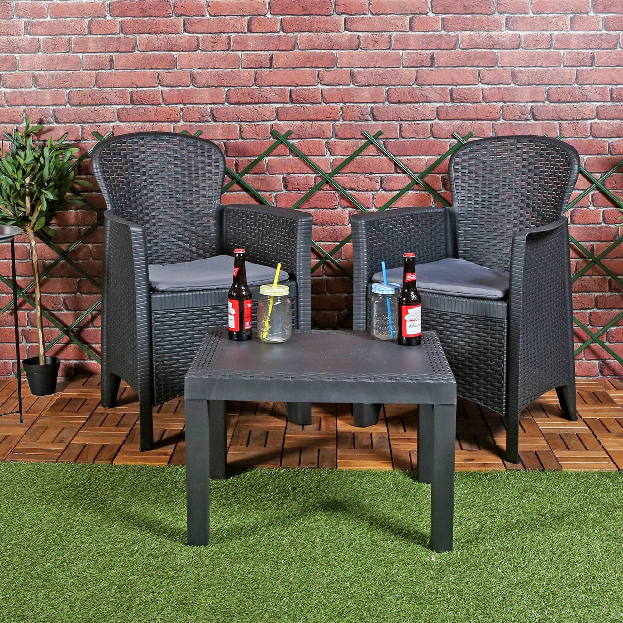 URBNLIVING 3pc Outdoor Garden Furniture Cushioned Black Rattan Table Chair Bistro Set Conservatory