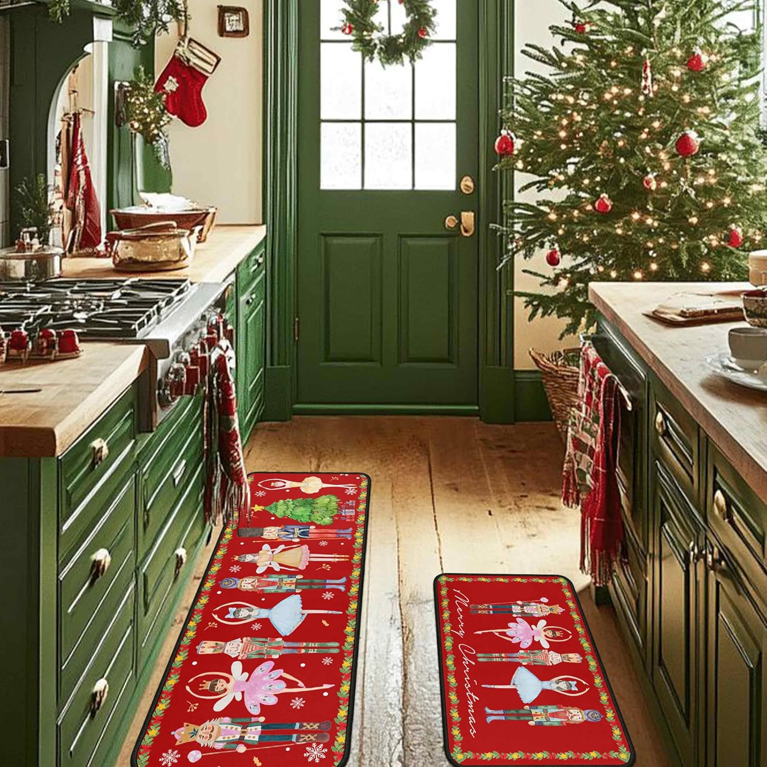 Nutcrackers Merry Christmas Kitchen Rugs Set of 2, Red Nutcracker Christmas Decor, Merry Xmas Rug Winter Mats, Xmas Decorations for Home, Low-Profile Kitchen Floor Mat (Red, 17"x47"+17"x30")
