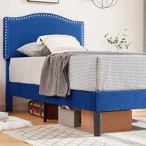 Miniatura 7 de VECELO Base de cama tamaño individual, base de cama de plataforma con cabecera tapizada de altura ajustable, marco resistente y fuerte soporte de