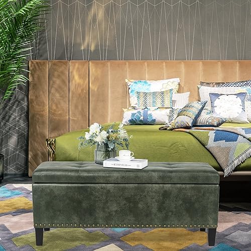 Miniatura 14 de Homebeez Banco otomano de almacenamiento de terciopelo copetudo, reposapiés con ribete de cabeza de clavo (azul) Azul,verde (ink green),Beige