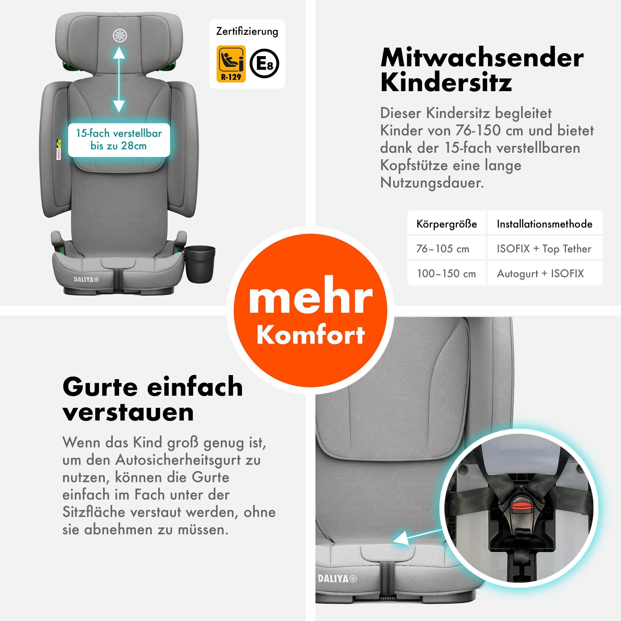 Daliya® JOYMAX i-Size Kindersitz, ISOFIX, Top Tether mit Warnmelder, für Kinder 76-150 cm, ab 15 Monaten, 9-36 kg, Autokindersitz (Grau)