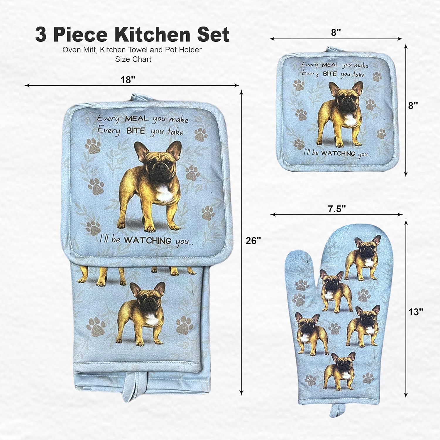 French Bulldog 3-Piece Kitchen Set - Oven Mitt, Pot Holder & Kitchen Towel Set, Heat Resistant up to 420 F, Soft Quilted Cotton for Cooking, Baking, BBQ, Pet Lover Gifts (French Bulldog)