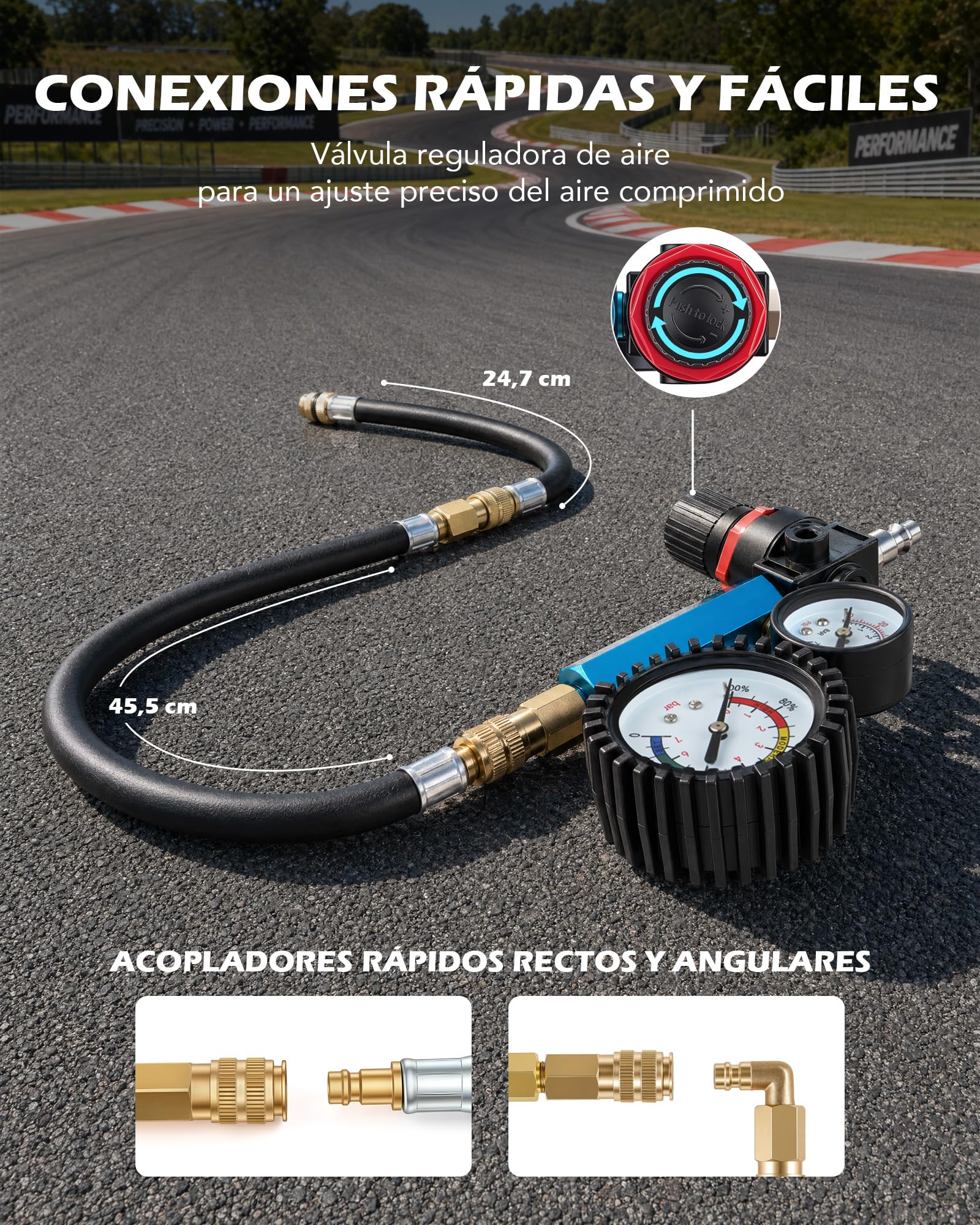 Orion Motor Tech Juego de Comprobador de Compresión y Pérdida de Presión 51 Piezas – Kit Compresímetro 0–50 Bar para Motores Gasolina y Diésel, Turismos y Camiones, Adaptadores M8–M24