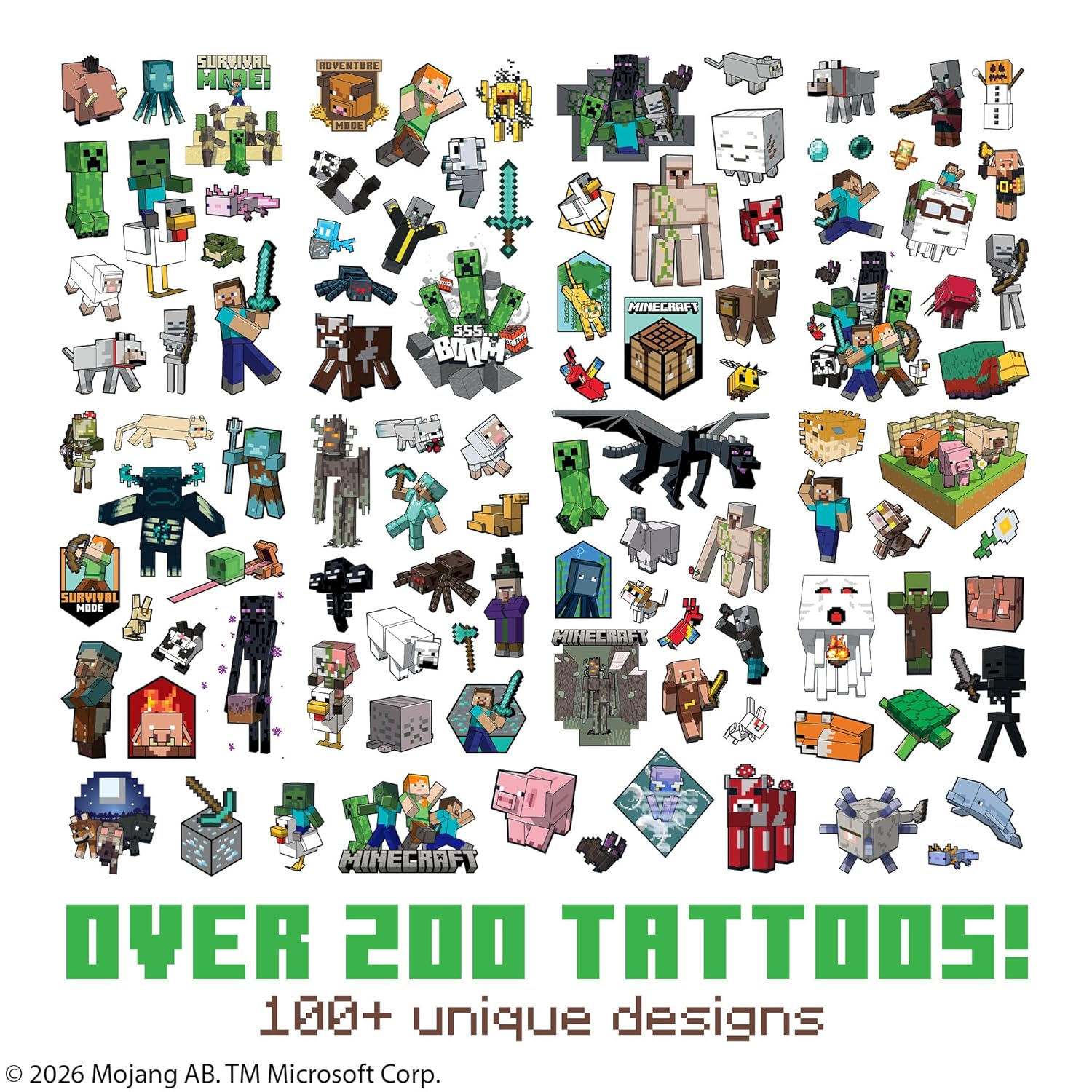 Minecraft Temporary Tattoos for Kids (200 pack). Made in the USA w Certified Safe Ink. Birthday Party Supplies and Party Favors Kit. Bulk Temporary Tattoos Stickers Set for Girls and Boys.