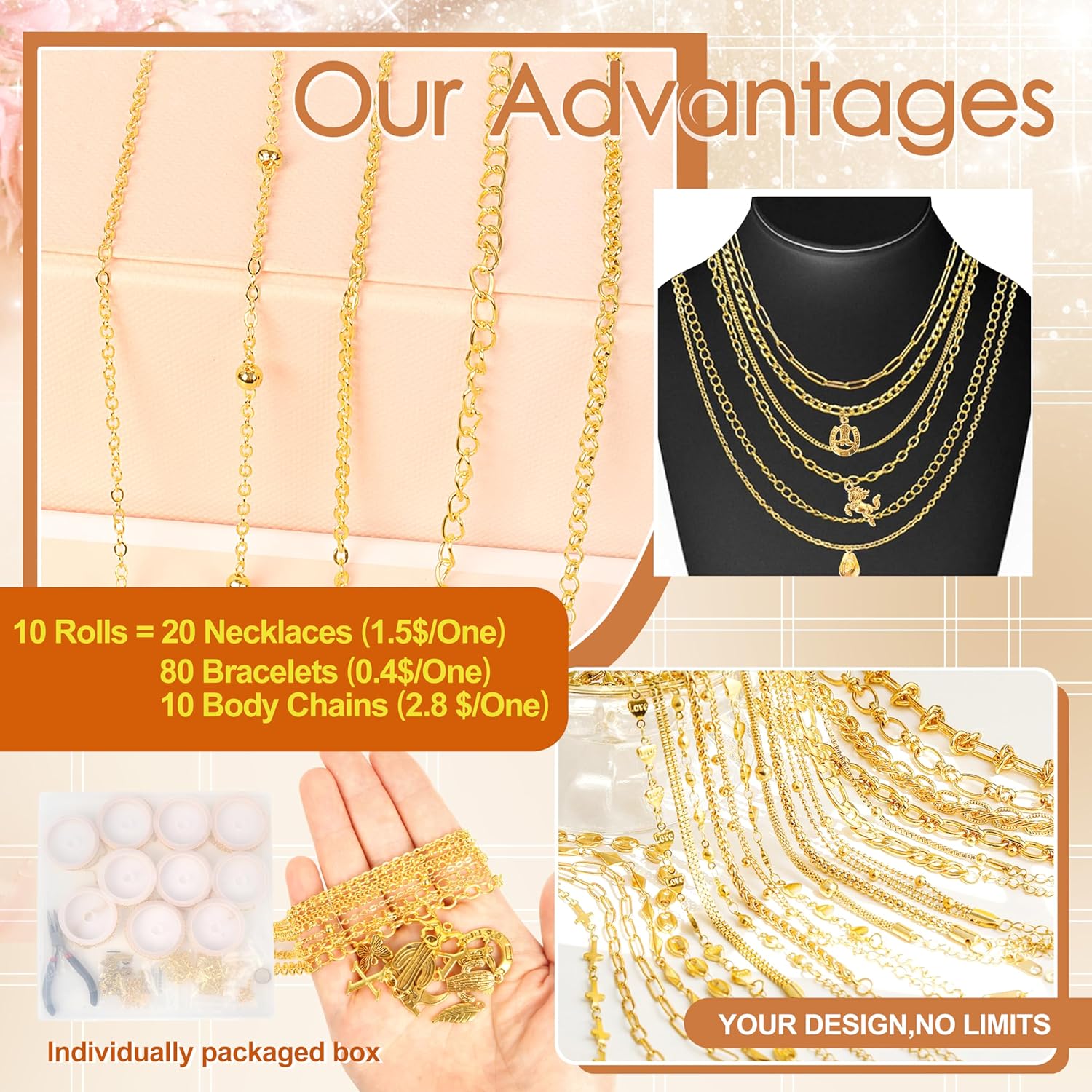 Meneng Necklace Jewelry Making Kit: 10 Rolls 78.7 Feet 18K Gold Plated Chains for DIY Western Necklace Bracelet - Jewelry Making Supplies for Beginners - Image 3