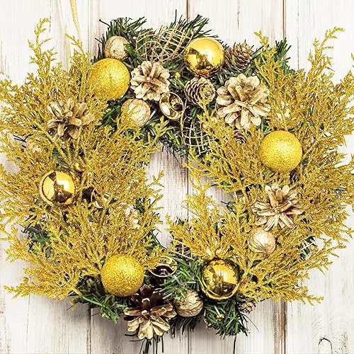 Miniatura 7 de Winlyn 6 piezas de cedro artificial dorado con purpurina en aerosol para arreglos florales de Navidad, ramas de cedro sintético, tallos de pino de