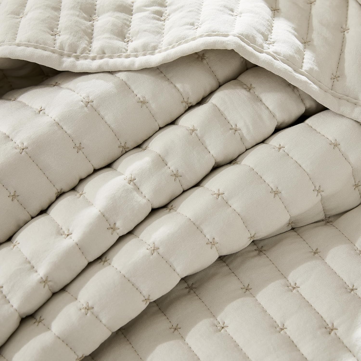 WDCOZY Beige Cross Stitch California Cal King Size Quilt Set, Oversized Netural Striped Lightweight Soft Bedspread, Channel Farmhouse Rustic Coverlet, All Season Country Bedding, Thin Comforter - Image 8