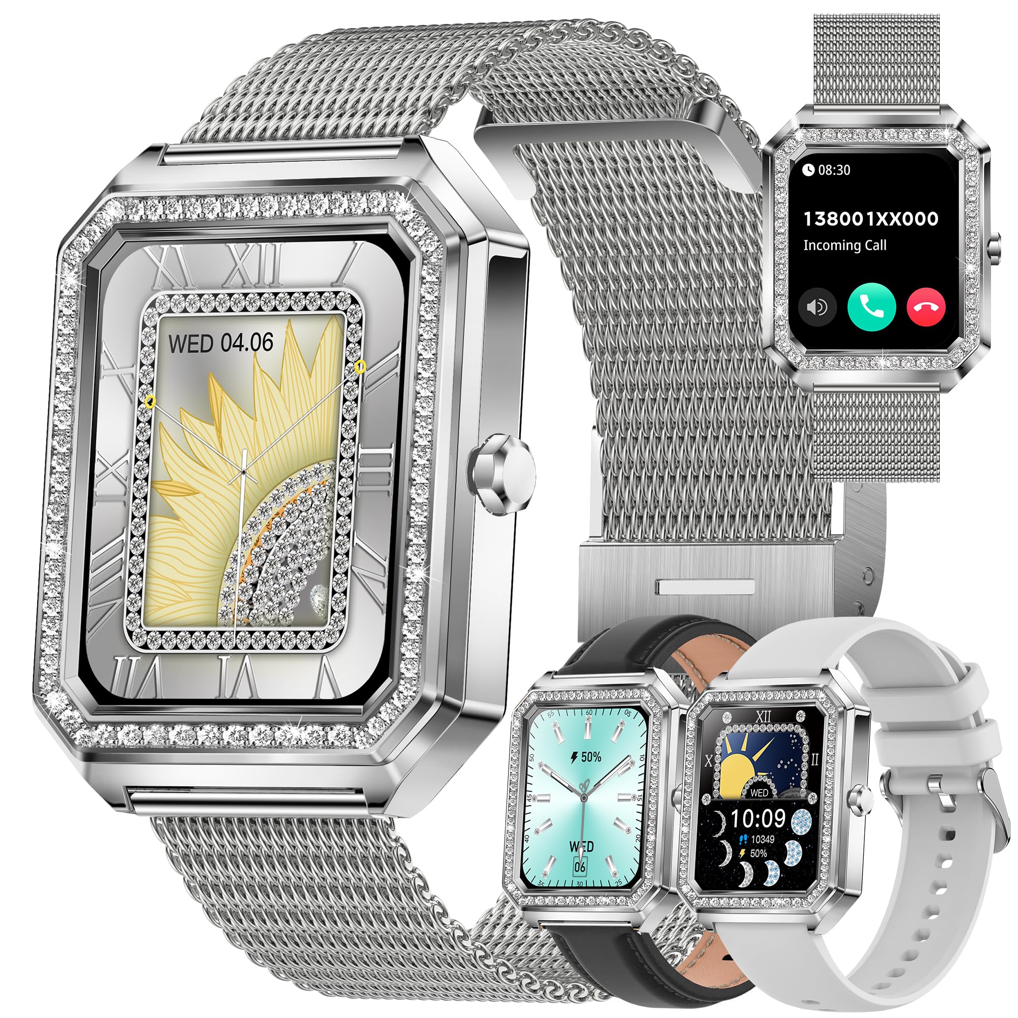 Smartwatch Donna Chiamata Bluetooth e Risposta Vivavoce, Smart Watch con Diamond Contapassi Cardiofrequenzimetro 123 Modalità Sport Orologio Fitness Tracker per Android iOS (Argento)