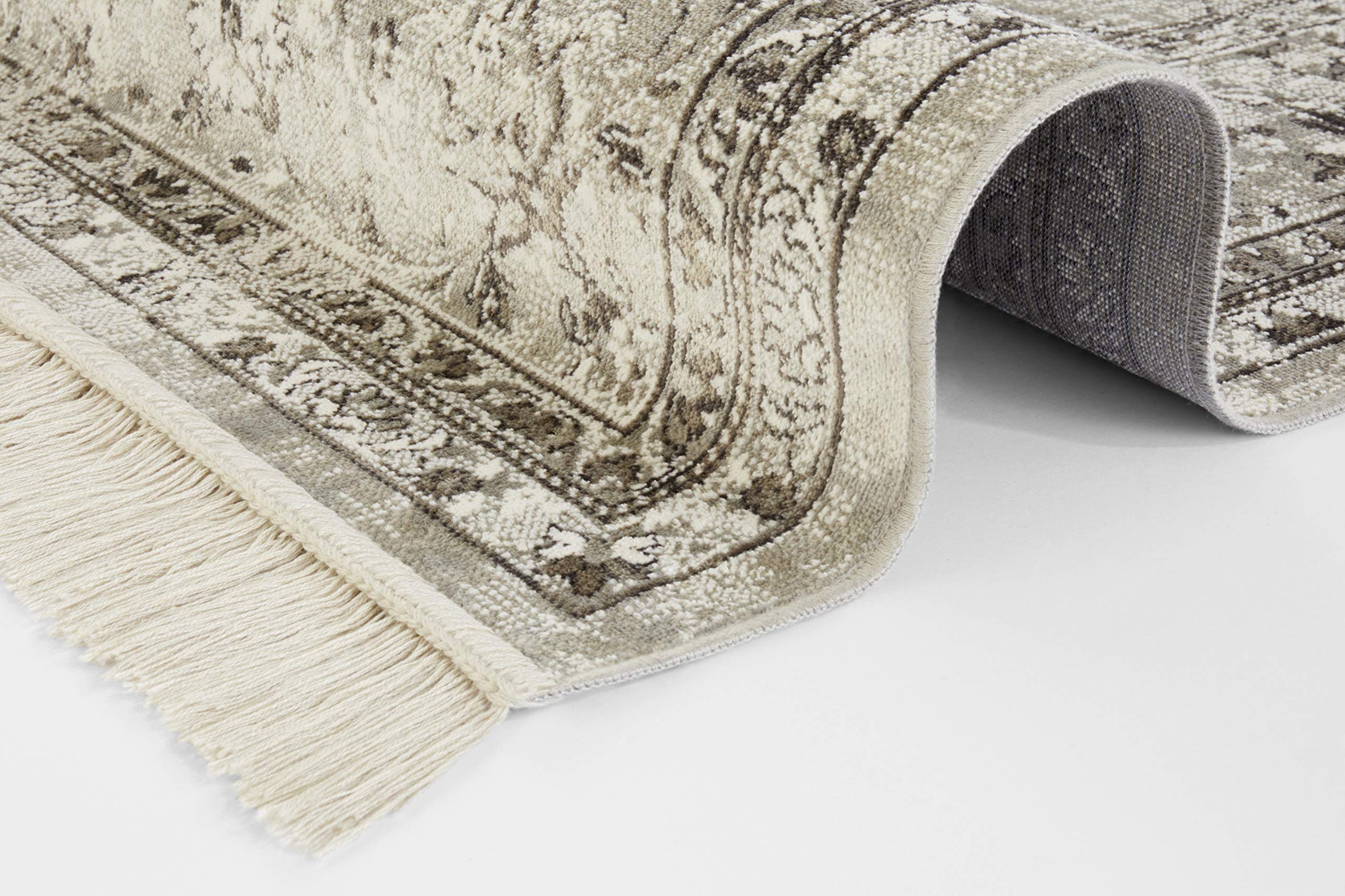 Nouristan Orientalischer Teppich – Wohnzimmerteppich mit Fransen Oriental Vintage Medaillon Naveh Samt-Teppich für Wohnzimmer, Schlafzimmer, Esszimmer, Küche, Flur – Creme, 195x300cm