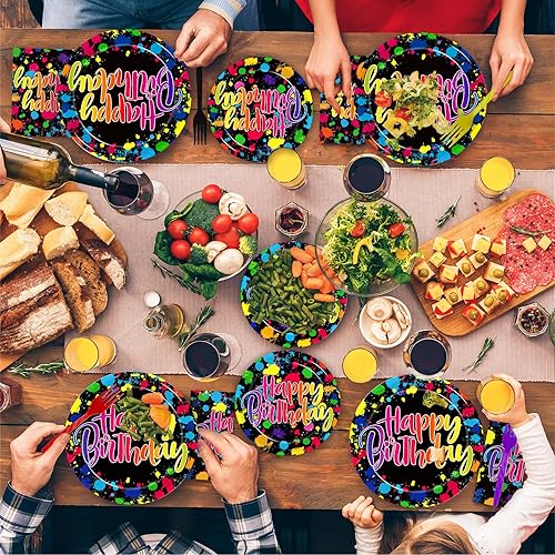 Miniatura 6 de 96 platos de fiesta de neón, suministros para fiesta de cumpleaños, platos de papel desechables, servilletas de postre que brillan en la oscuridad,