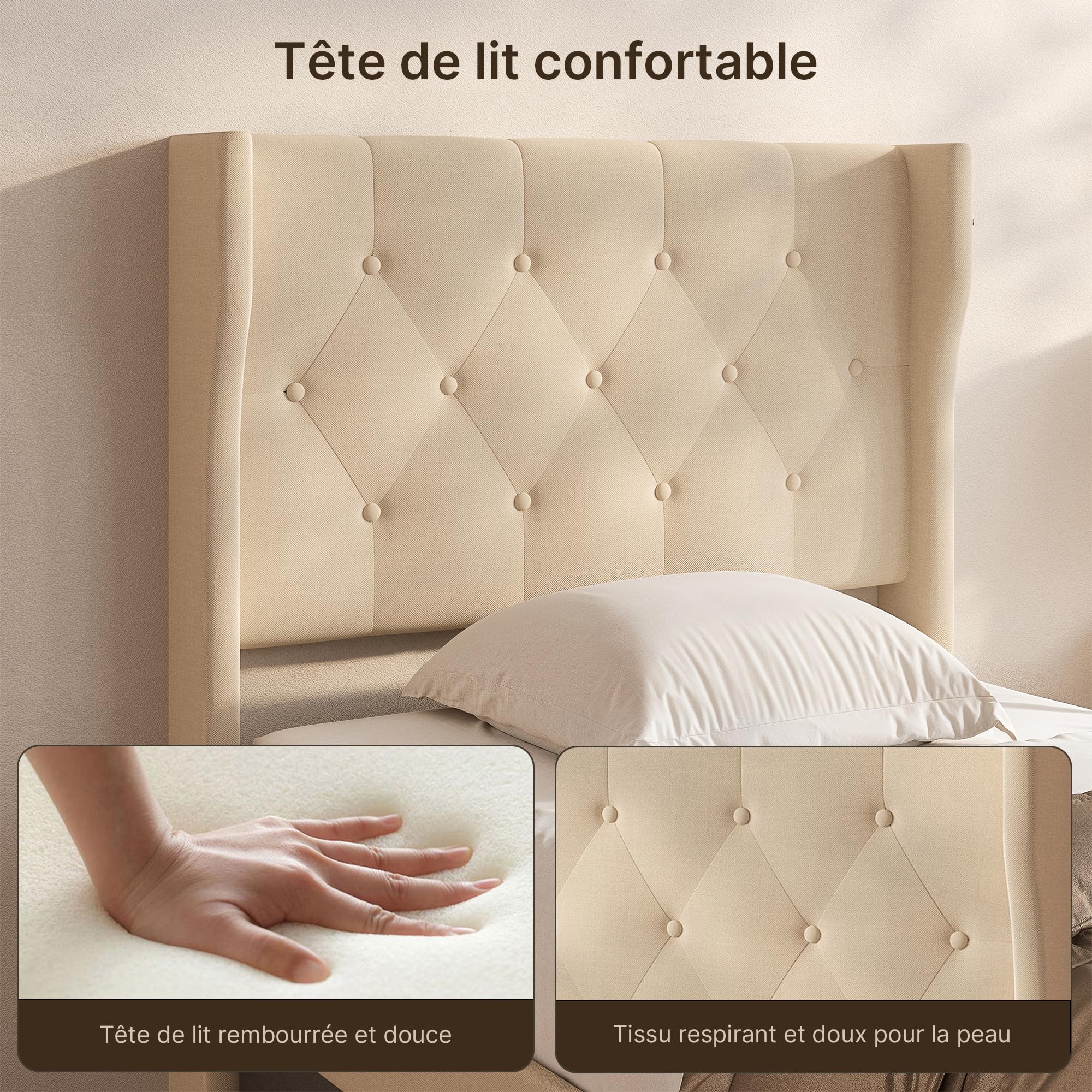 Xbro Lit Rembourré 90 x 200 cm,Forme Rembourré avec Support de Lattes en Bois,Lit Simple,Facile à Assembler et Stable,20 cm de Rangement,Beige