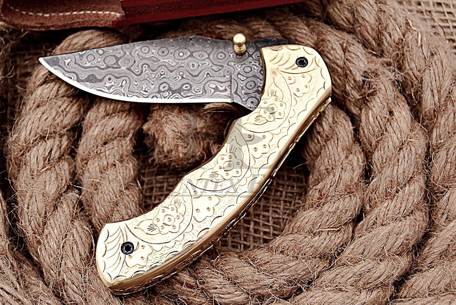 HUNTEX Custom Handmade Hand-Forged Rain Drop Pattern Damascus Steel 4 Inch Long Hand Engraved Copper Handle Razor Sharp Camping Hunting Folding Pocket Knife with Genuine Leather Pouch