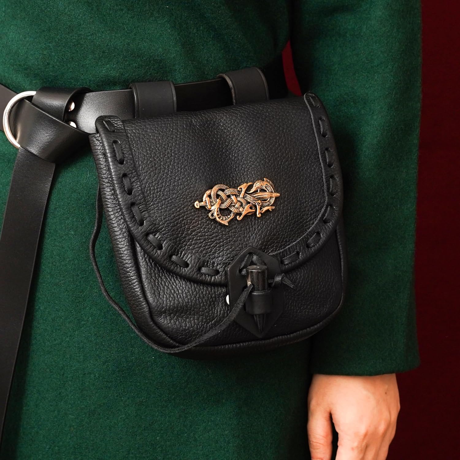 Mythrojan Genuine Leather Medieval Belt Pouch with Brass Eagle Emblem & Horn Toggle Waist Bag for Larp, Fantasy Events, Ren Faire, Halloween - Image 3