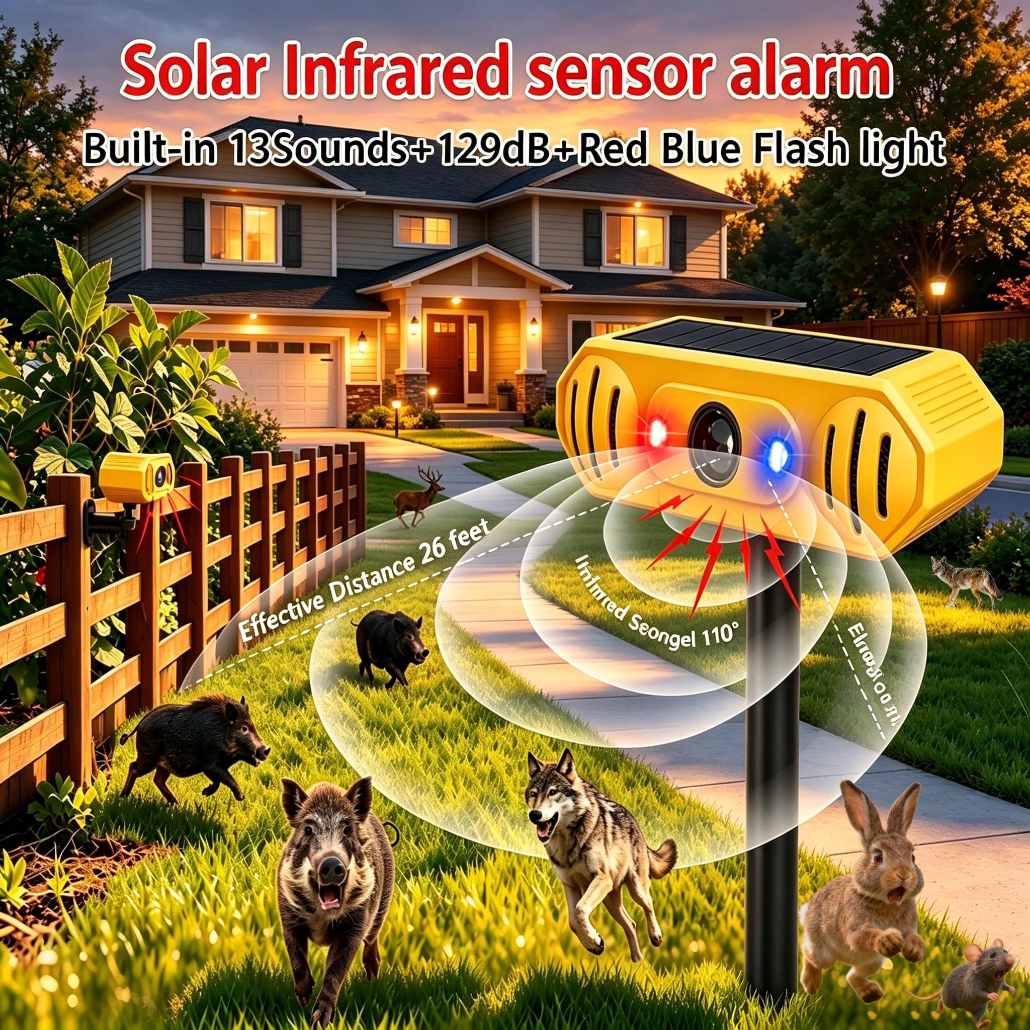 Lot de 2 détecteurs de mouvement solaires avec 13 sons, double haut-parleur KINGCOO 129 dB, bruits de tir, aboiements de chien, LED rouge et bleu, avertissement de sécurité, lumière stroboscopique