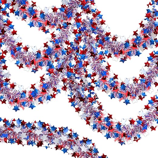 4th of July Patriotic Tinsel Garland Decorations 50 Ft 3 Pack, Red White and Blue Tinsel Garland with Star Metallic Glitter Garland for Memorial Day Independence Day Indoor and Outdoor Decorations