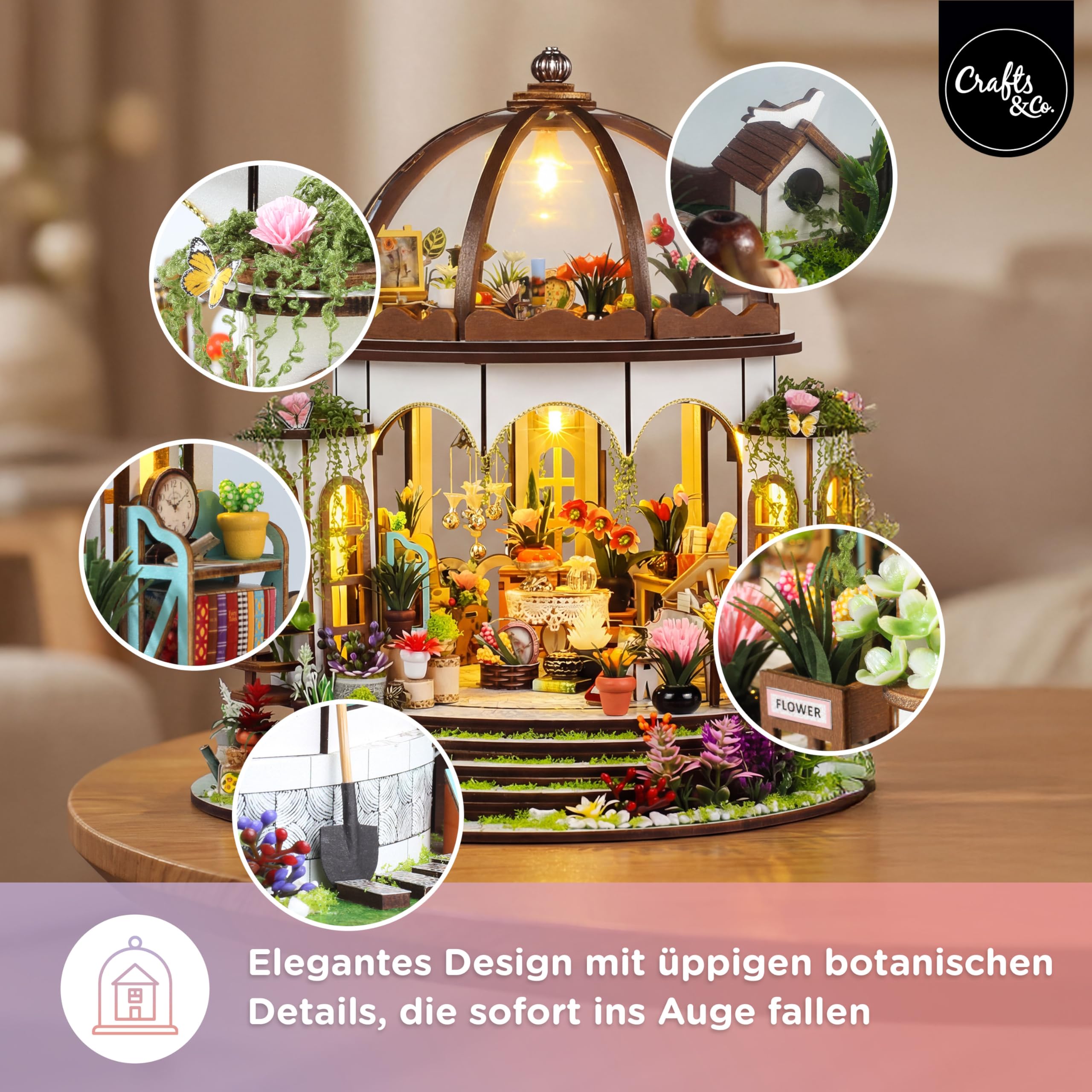 Crafts&Co® Miniatur | DIY Miniaturhaus mit LED Beleuchtung | 405 Teile Miniatur | 3D Modellbausatz & Bastelset mit Zubehör, Werkzeug | Detailreiches Gartenhaus | 25.5x21.5x24.5 cm