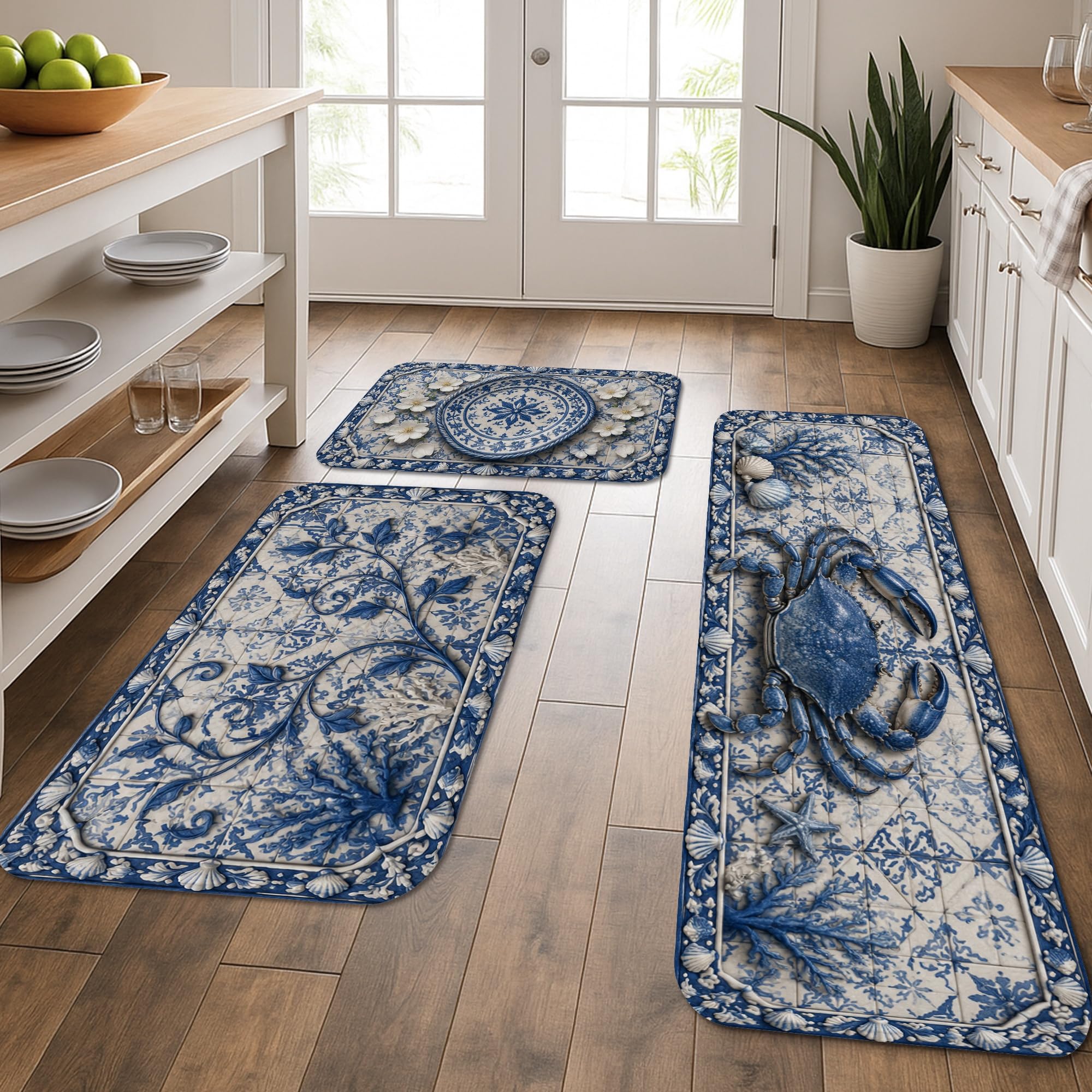 Tapis de cuisine crabe nautique bleu lot de 3 pour évier