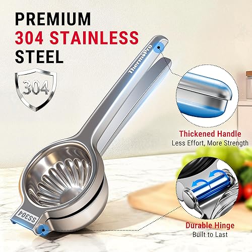 Vista 2 de ThermoPro Exprimidor de limón y lima, exprimidor de cítricos de acero inoxidable 304 con cuenco ranurado y 8 agujeros de filtro, mango con bisagras