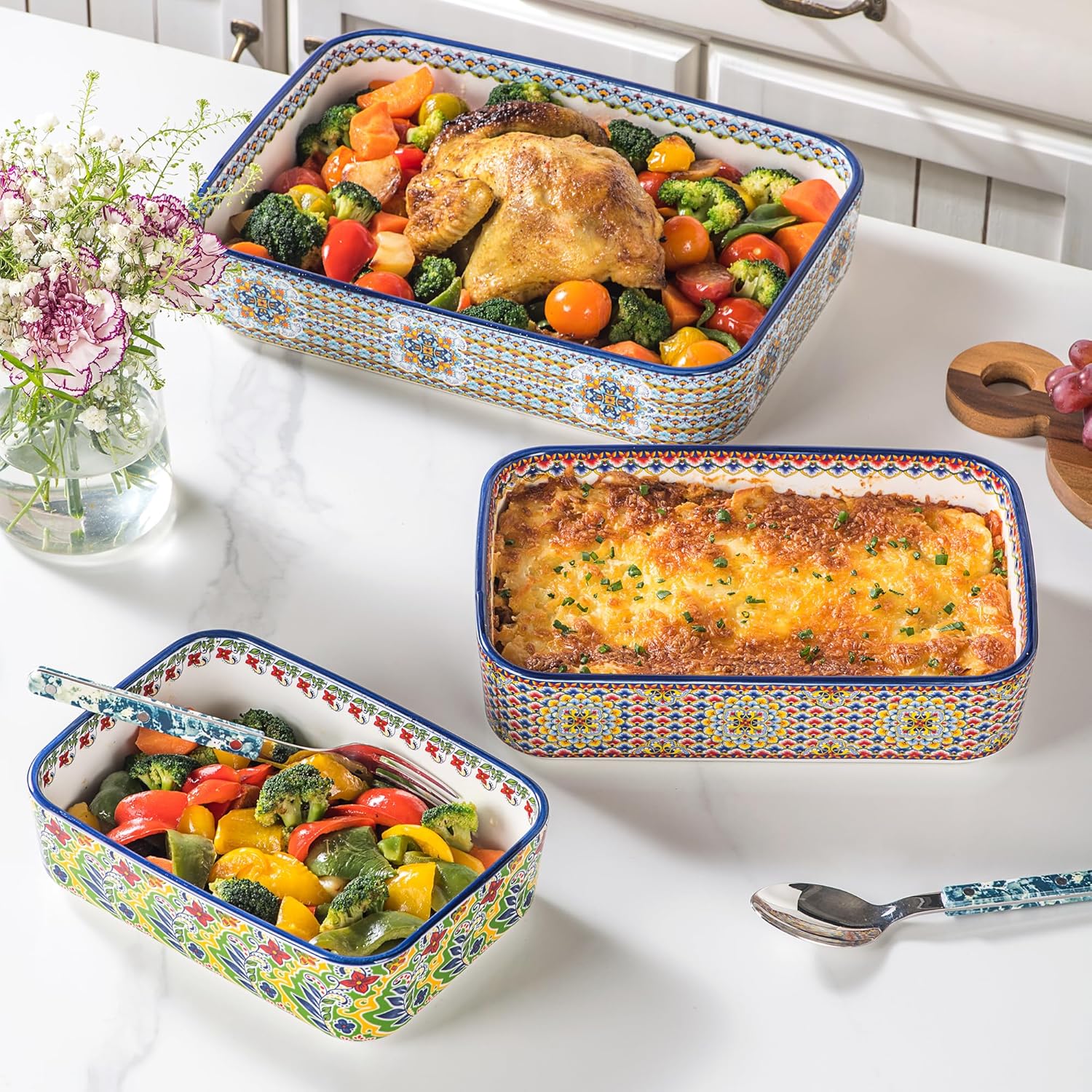 Casserole Dishes for Oven, Ceramic Baking Dishes Set of 3, Rectangular Lasagna Pans, Ceramic Bakeware Set for Baking, Roasting and Serving - Boho Style