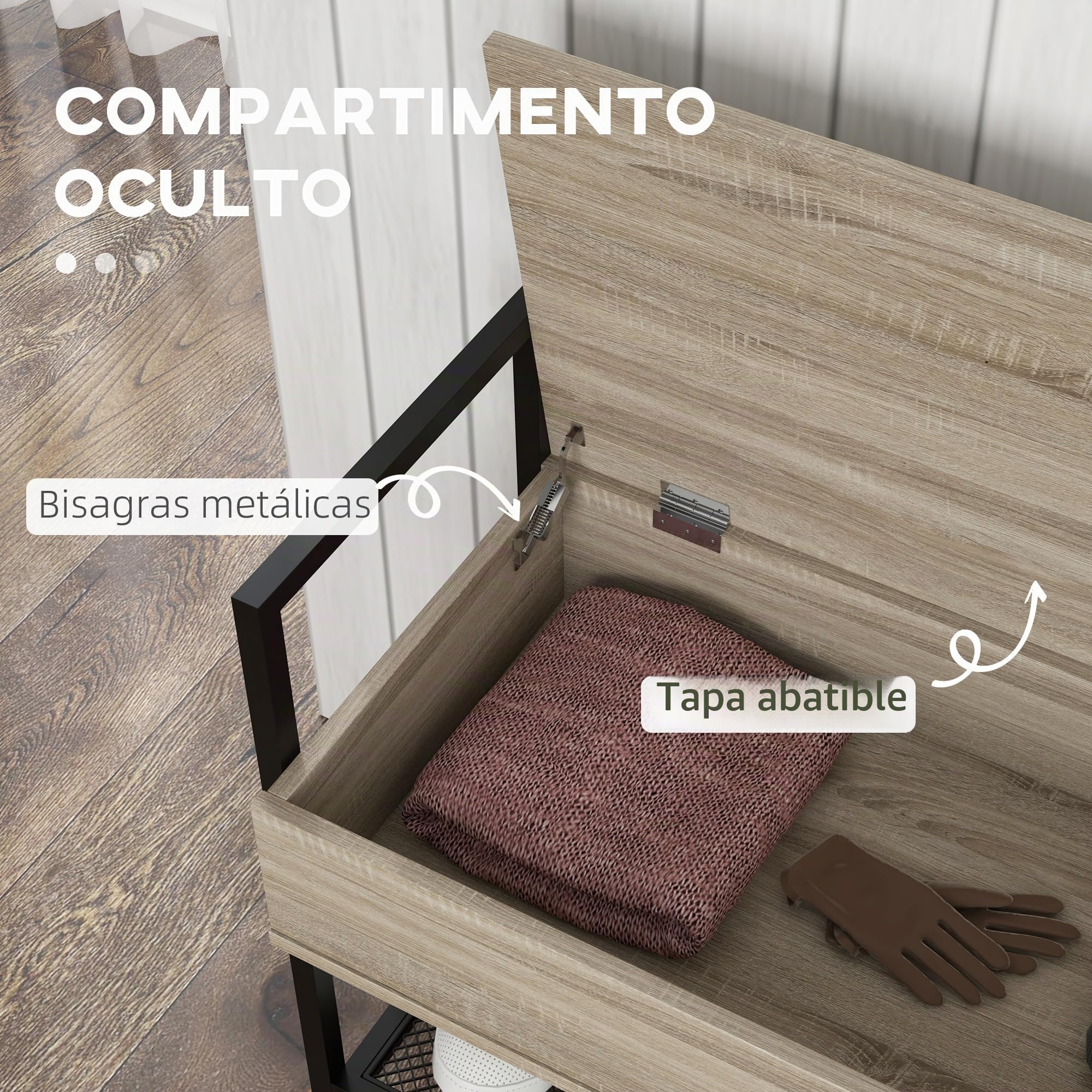 HOMCOM Banco Zapatero con Tapa Abatible para 4 Pares 84x39,5x61 cm Roble | Mueble Zapatero con Banco, Compartimento Oculto, Estante Inferior de Rejilla, para Pasillo Salón