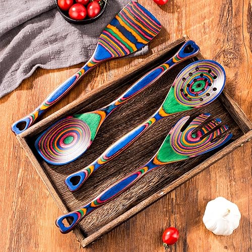 Miniatura 8 de Gudamaye Pakkawood - Utensilios de cocina de madera de 7 piezas, cucharas de madera para cocinar, utensilios de cocina de madera de Pakkawood para