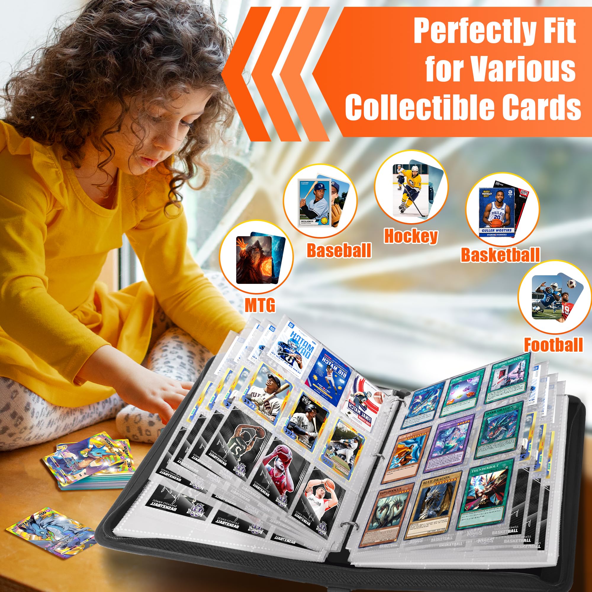 Amazon.com: Kitoyz Trading Card Binder Album, PU Leather Baseball Card  Binder with 900 Side Loading Pockets, Double Sided Pocket Zipper Card Binder  for MTC, TCG, Game Cards, Sports Cards(Burning Gold : Toys